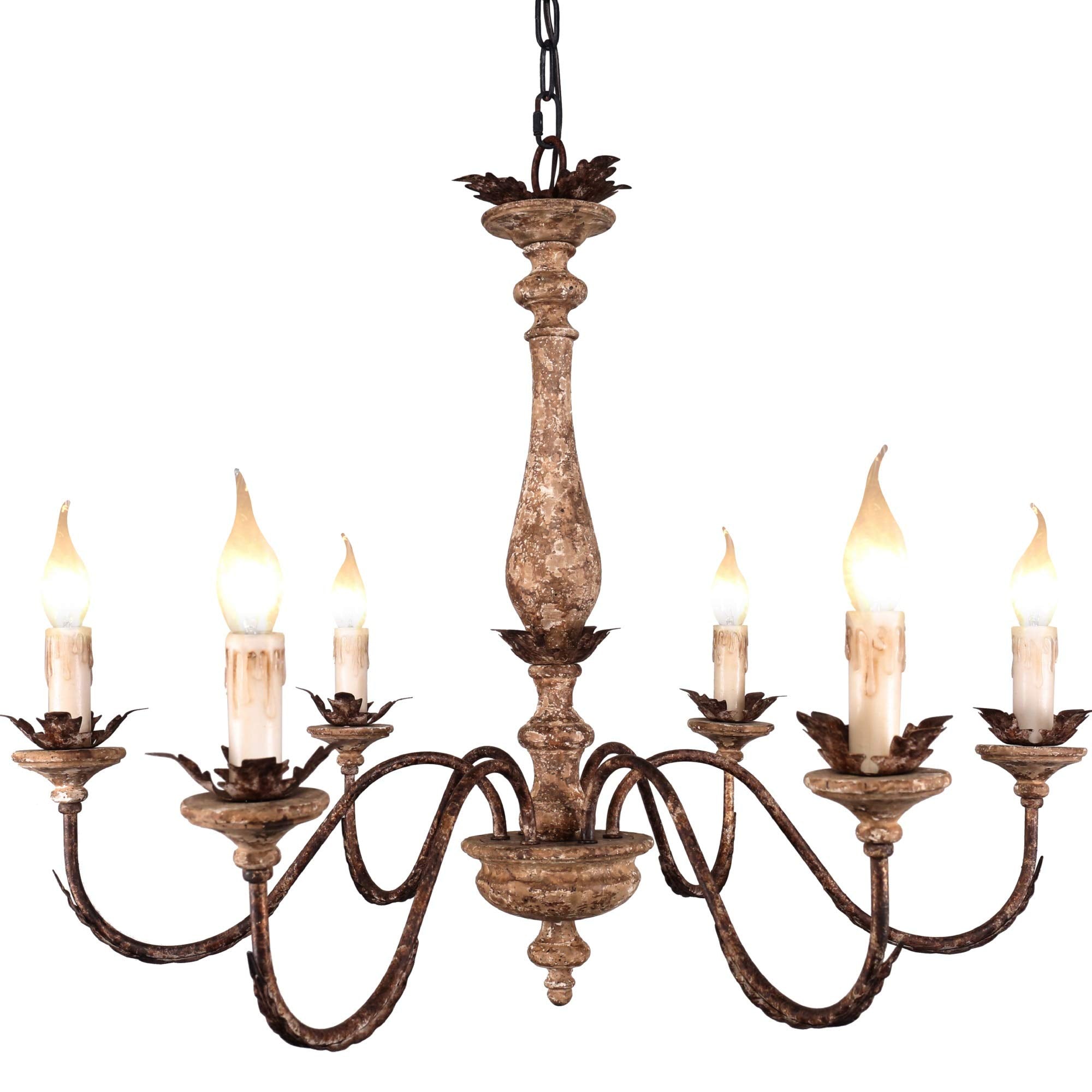 Rustic Wood Chandelier with 6 Candle Light, Royal French Country Wooden Chandelier Farmhouse Styel, Adjustable