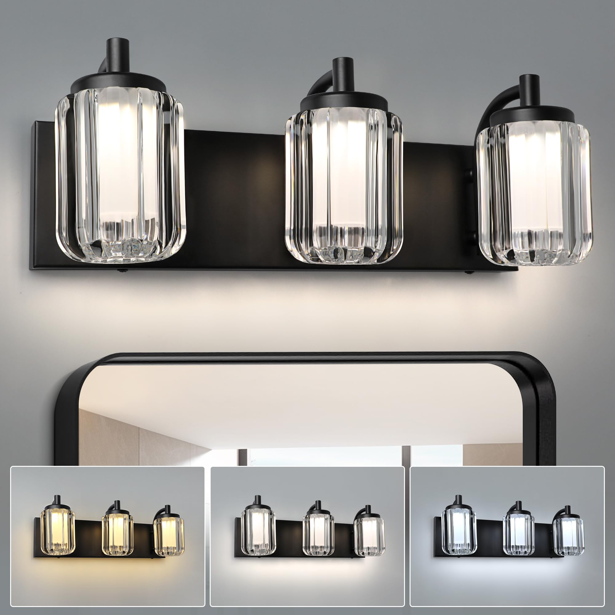 Modern Bathroom Light Fixtures, 3 Light Vanity Lights Dimmable & 3CCT Selectable 3000K/4000K/5000K, Integrated 5W LED, Black Finish Wall Lamp with Acrylic Shade for Bathroom, Mirror