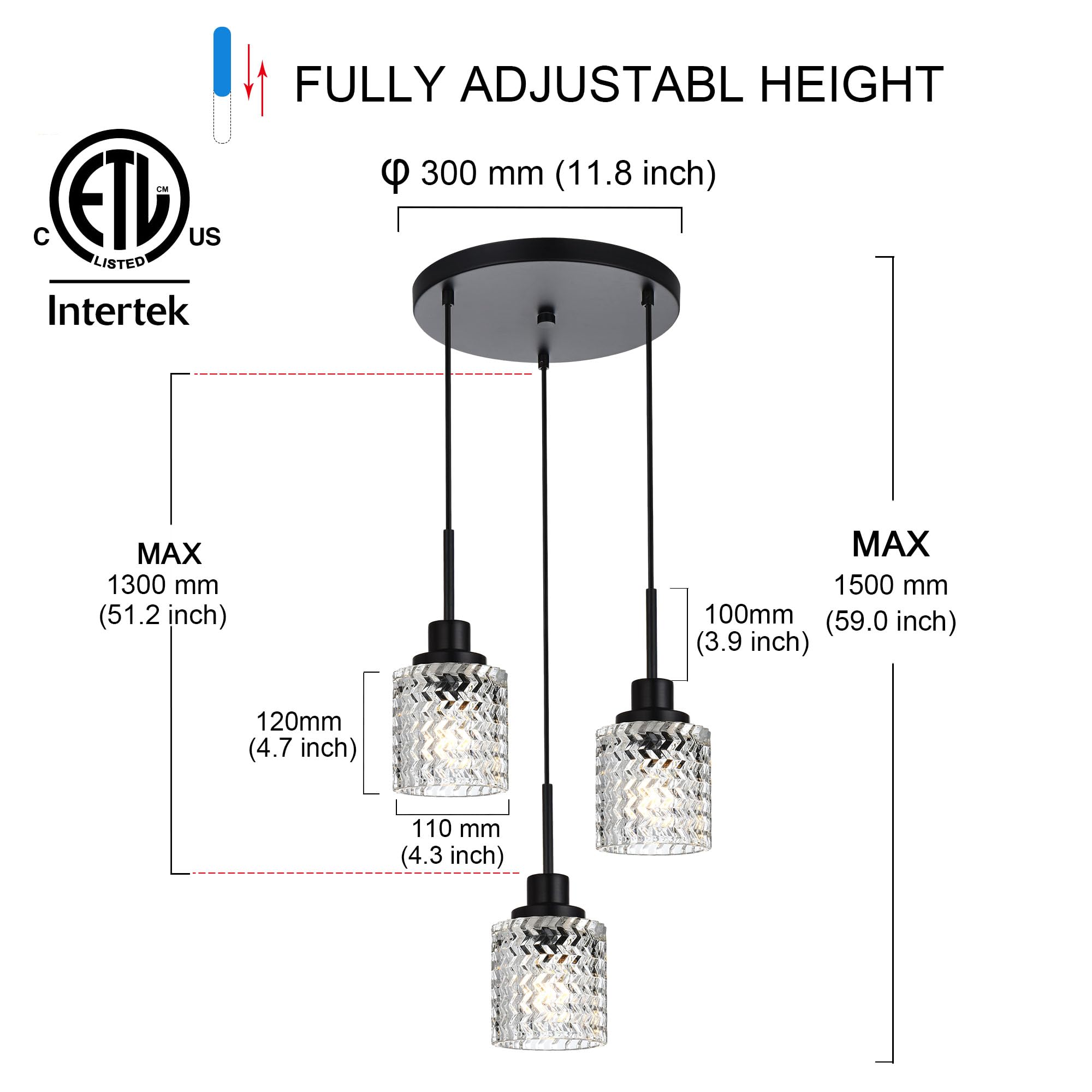 6 Lights Linear Chandeliers for Dining Room, Black Island Lighting Fixture Hanging Pendant Lights with Hammered Glass Shade for Kitchen Island, Dining Hall, Bar