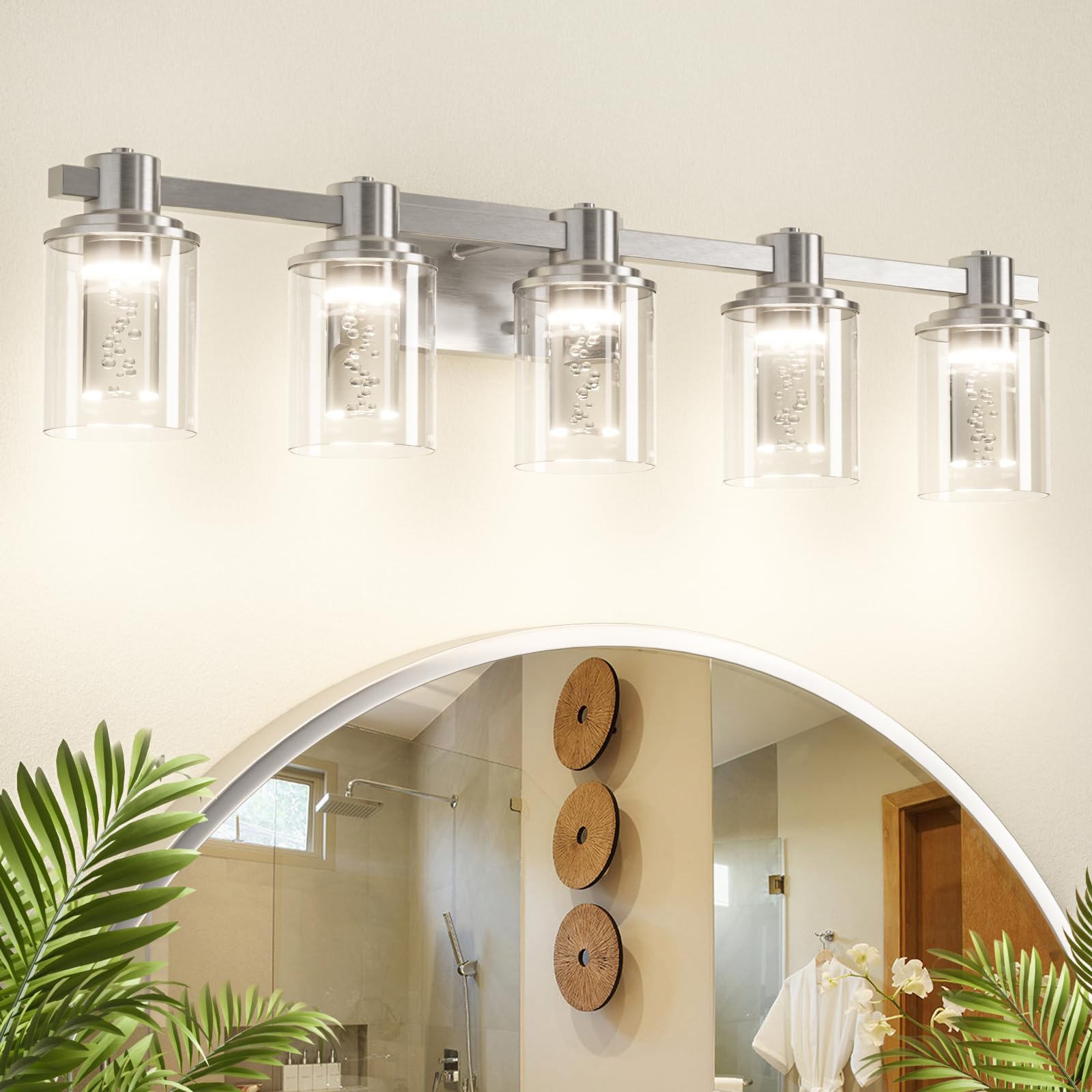 Bathroom Vanity Light Fixtures, 3-Light LED Lighting Fixtures Over Mirror, 5 CCT Modern Chrome Vanity Light for Bathroom with Crystal Bulb Clear Glass Shade Dimmable Bathroom Wall Lamp