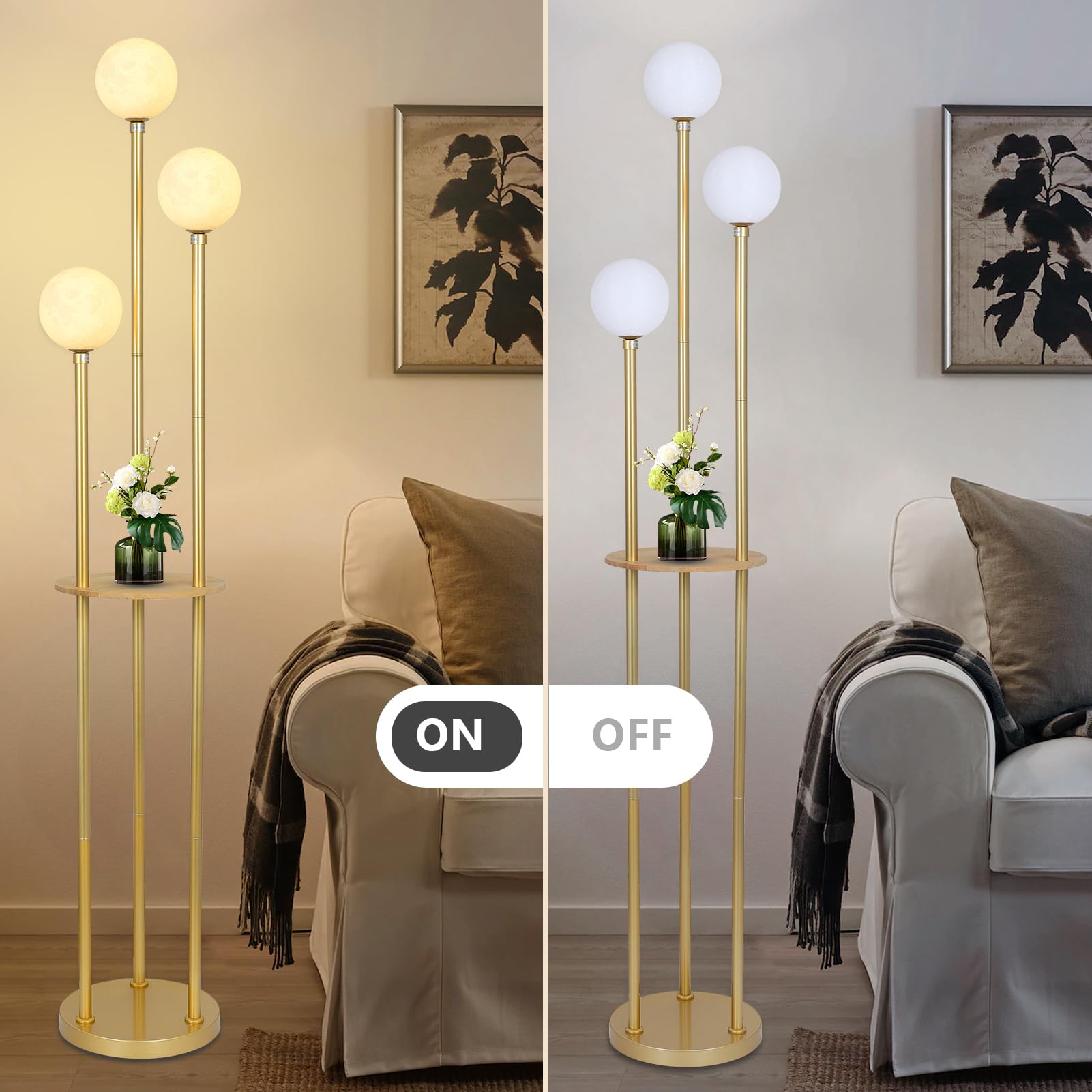 Gold Floor Lamp with Shelves, Modern Floor Lamps for Living Room with 3 G9 Bulbs, Mid Century Standing Lamp with 3D Printing Moon shades, Corner Tall Lamp with Table, Stand up Lamp for Bedroom Office