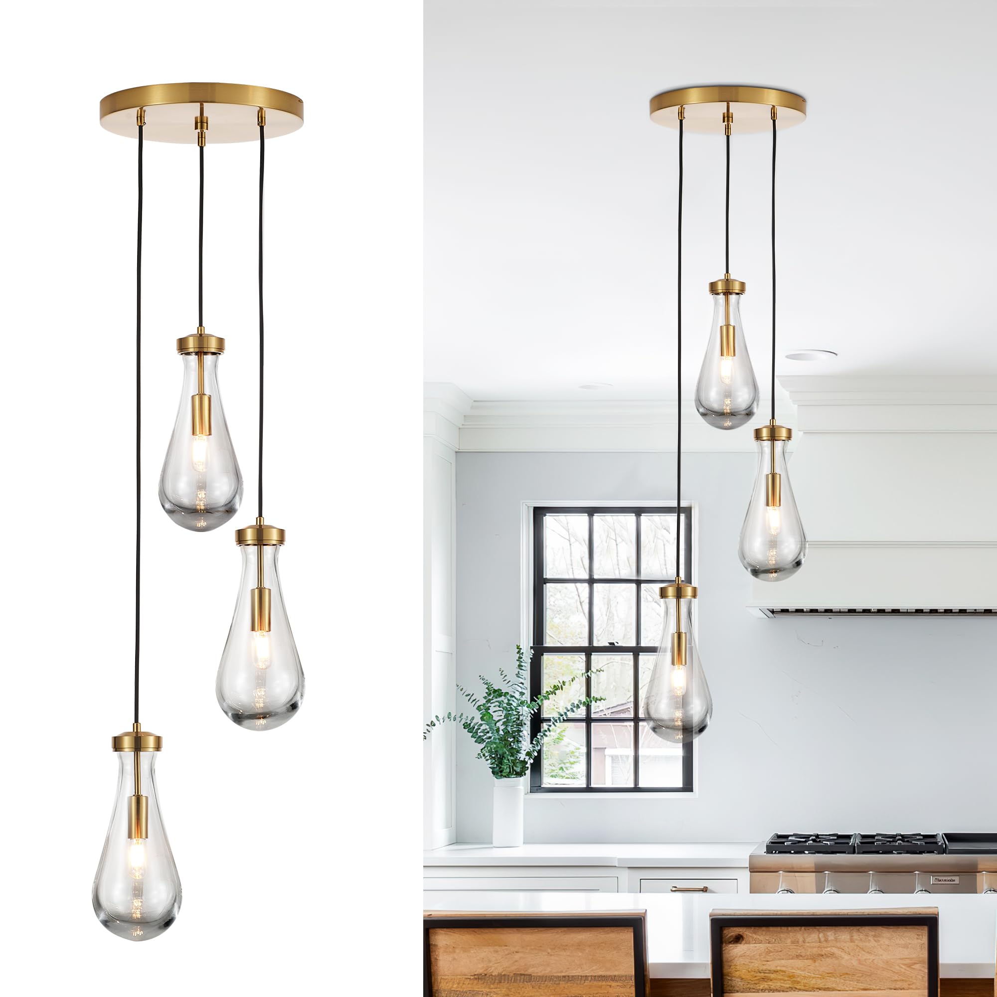 3 Light Raindrop Pendant Light Fixtures, Brass Glass Pendant Lighting, Teardrops Modern Hanging Light for Entryway Foyer Kitchen Island Dining Living Room Hallway