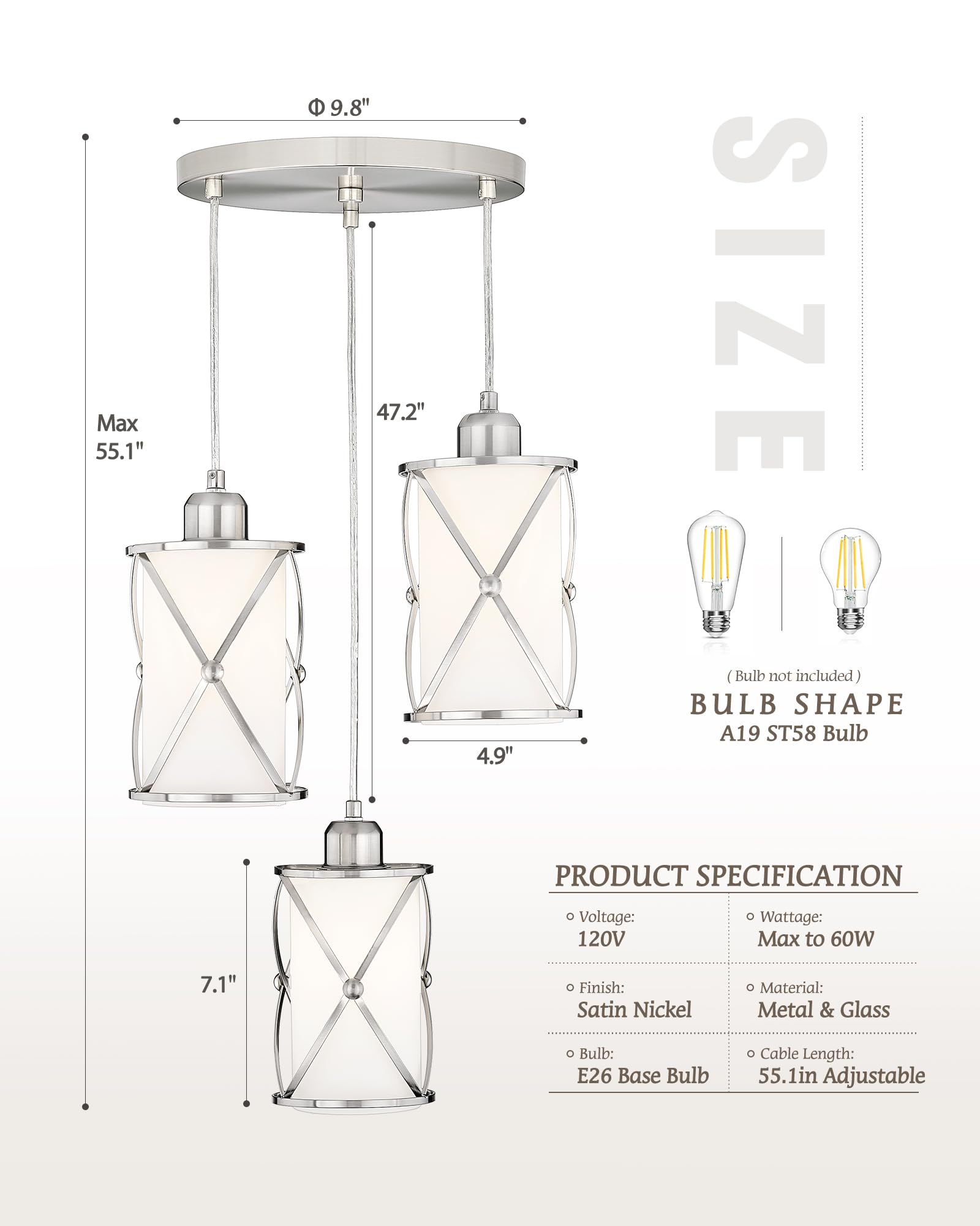 Brushed Gold Pendant Light Fixtures, 3-Light Modern Dining Room Cluster Pendant Light with Milky Glass, Mid Century Cage Hanging Pendant Lighting for Kitchen, Adjustable, CH9176BGW3