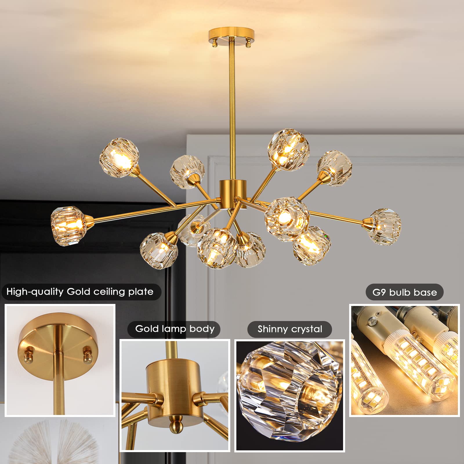 Sputnik Chandeliers for Dining Room Light Fixture, Modern Crystal Chandeliers, 9 Lights Gold Chandelier for Living Room Bedroom, Dining Room Chandelier Over Table, Kitchen Light Fixtures