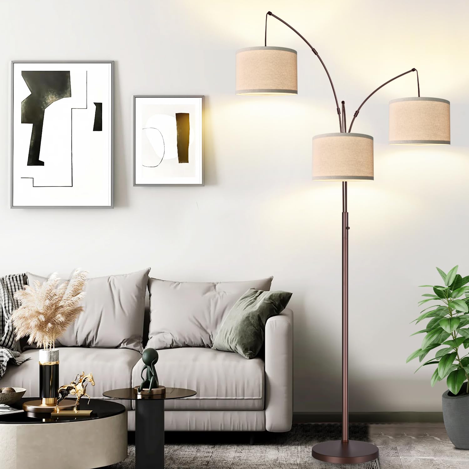 Dimmable Floor Lamp - 3 Lights Arc Floor Lamps for Living Room, 1000LM Modern Tall Standing Lamp with Beige Shades & Heavy Base, Mid Century Tree Floor Lamp for Bedroom Office, 3 LED Bulbs Included