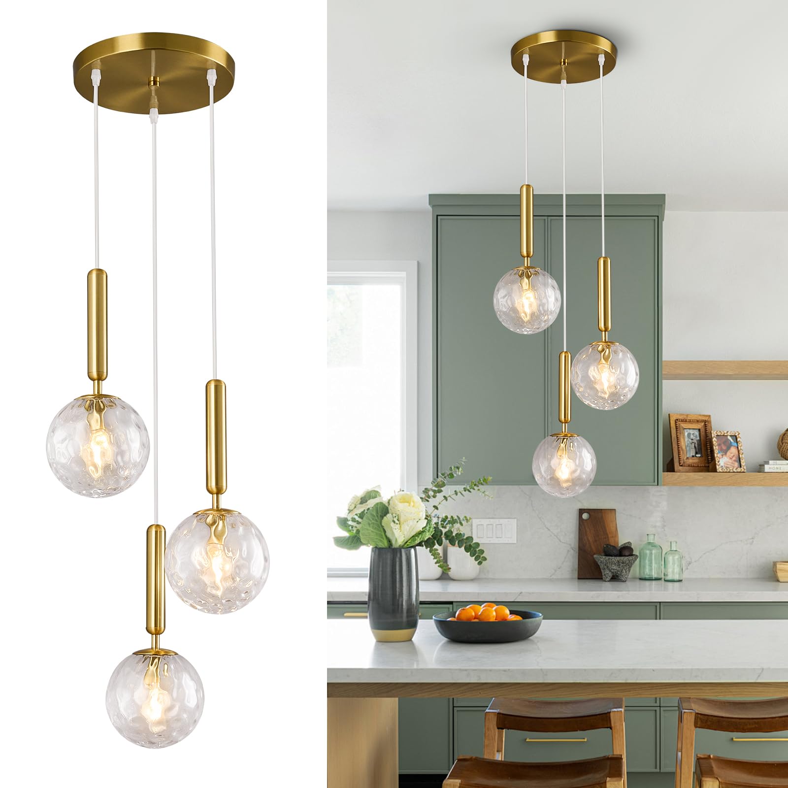 Mid Century Globe Pendant Light with Clear Glass for Kitchen Island Modern Gold Finish Hanging Light Fixture Retro Round Pendant Lighting for Living Room Bedroom Entryway(3-Light)