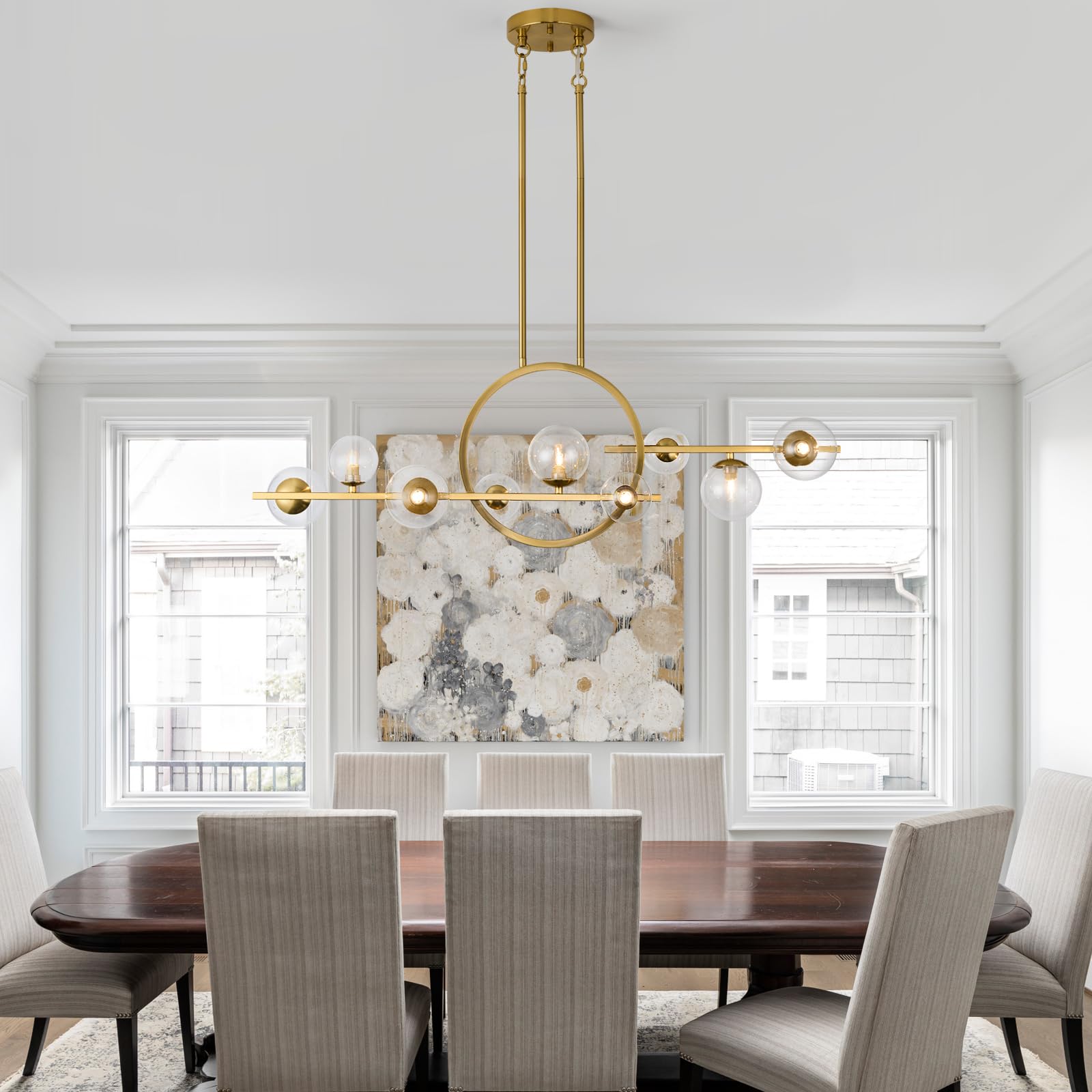 Modern Gold Chandelier for Dining Room Over Table Above Kitchen Island 9-Light Fixture Hanging Farmhouse Lighting Fixtures Ceiling Pendant Linear Chandelier with Clear Glass Globe Shade-Brushed Golden