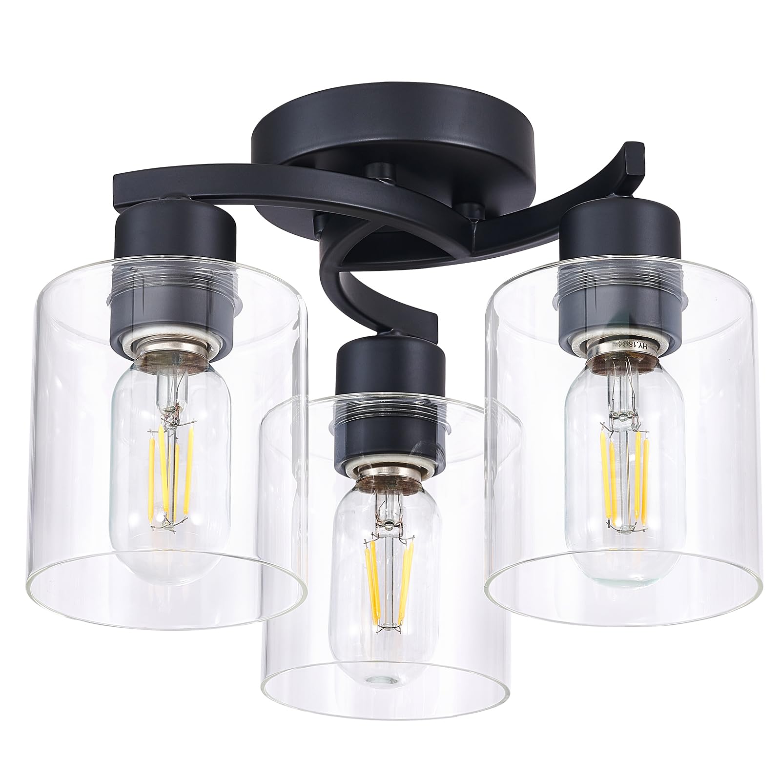 Semi Flush Mount Ceiling Light, 3-Light Close to Ceiling Light Fixtures, Black Kitchen Light Fixtures with Clear Glass Shades, Hallway Light Fixtures Ceiling Mount for Foyer Entryway