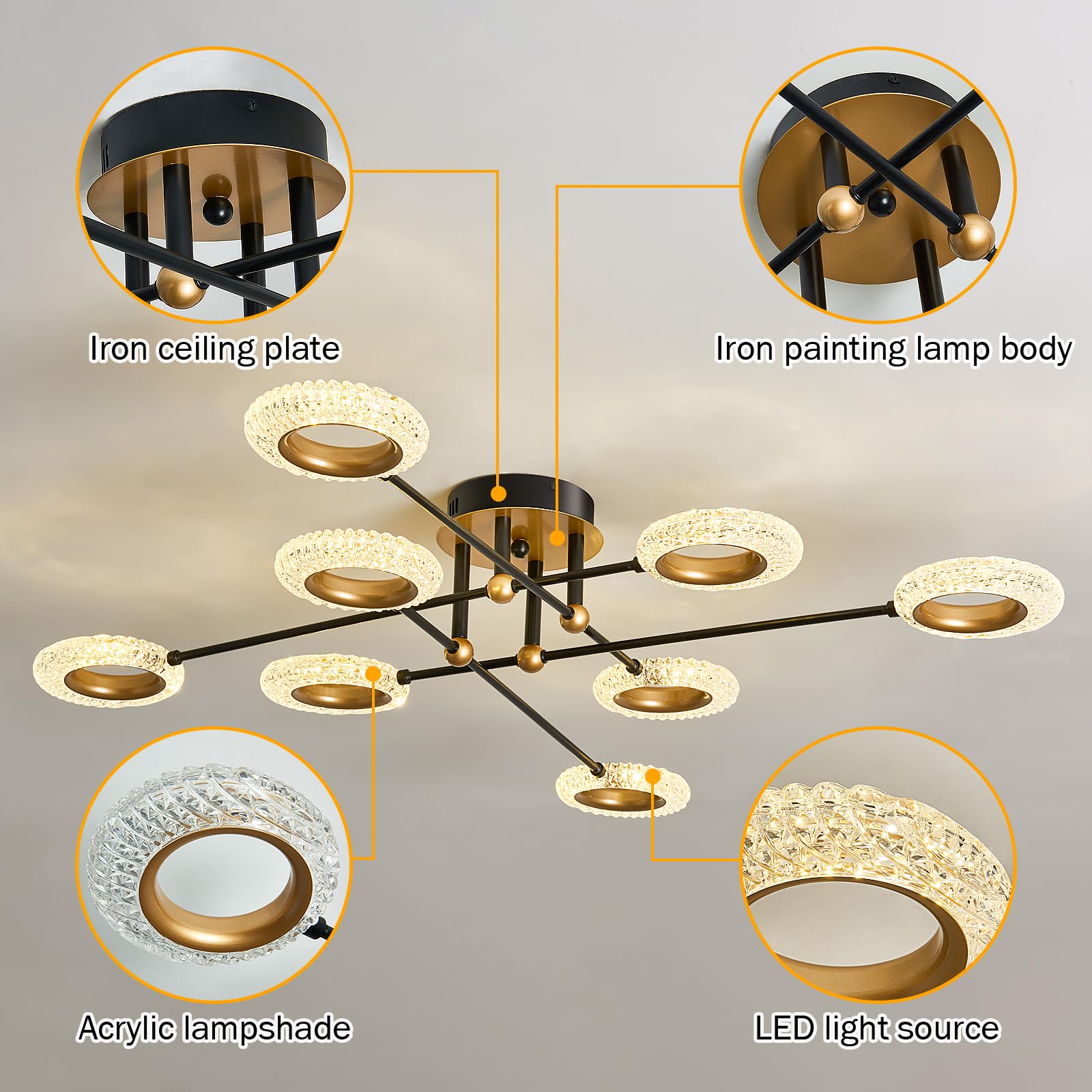 Farmhouse 5-Light Semi Flush Mount Ceiling Light Fixture with E26 Modern Matte Black and Gold Chandelier Sputnik Ceiling Lamp for Hallway Kitchen Dining Room Bedroom Study Living Room Bathroom