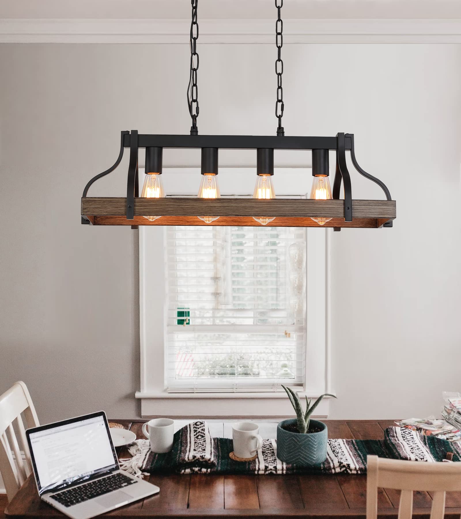 Rustic Kitchen Island Dining Room Light Fixture Farmhouse Linear Chandelier Black and Retro Wood Finish 5-Light Industrial Metal Hanging Pendant Light UL Listed L33.5 W10.6