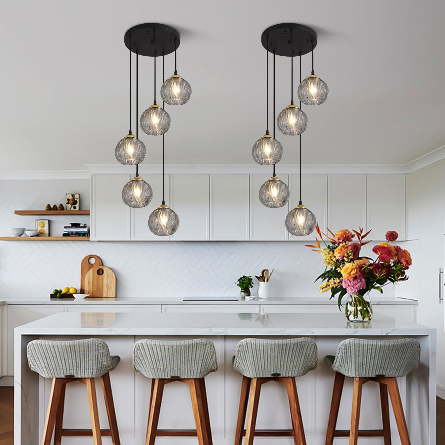 KCO Lighting 3-Lights Smoke Gray Glass Pendant Light Black Globe Round Cluster Chandelier Mid-Century Modern Multi Light Pendant Lighting Nordic Kitchen Island Light Fixture