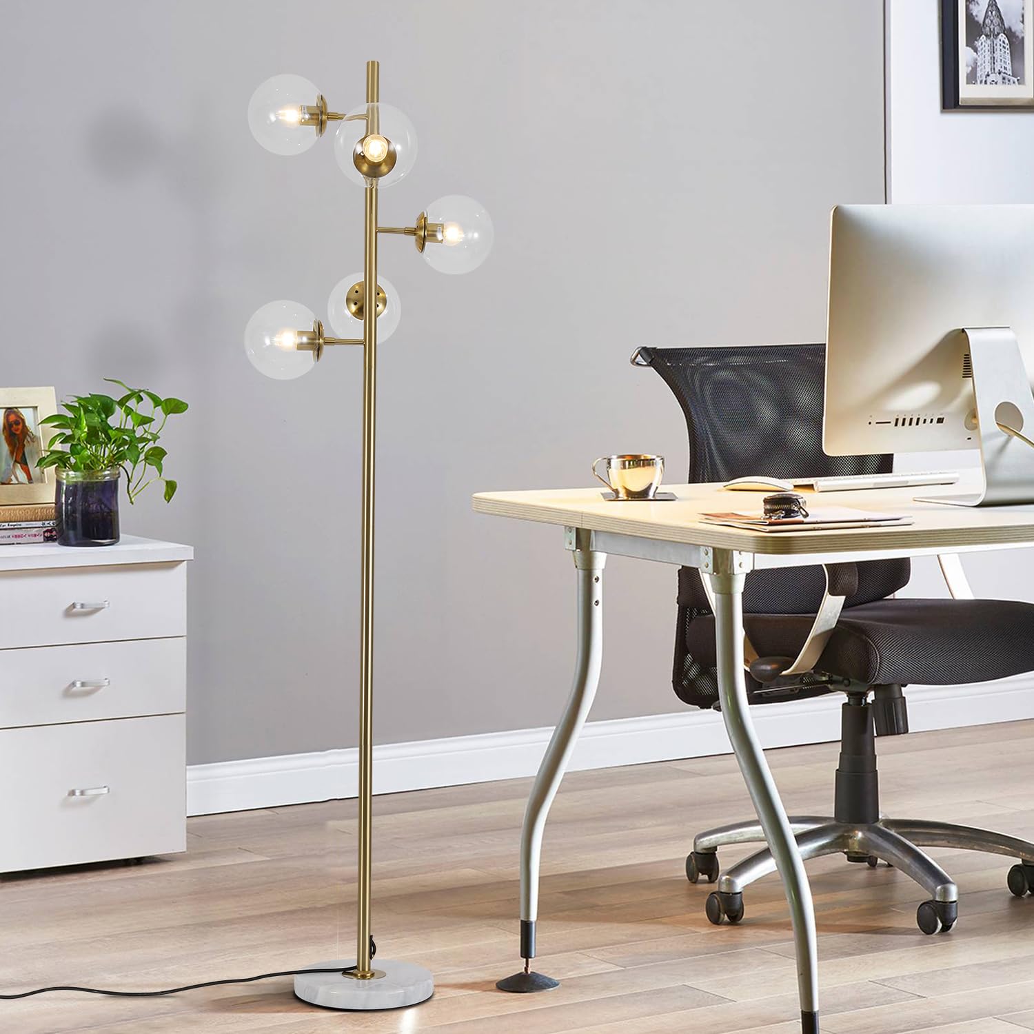 Lighting 5-Light Frosted White Glass Globe Floor Lamp Mid Century Modern Gold Tall Pole Standing Light LED Standing Lamps with Foot Switch for Home Office (Gold)