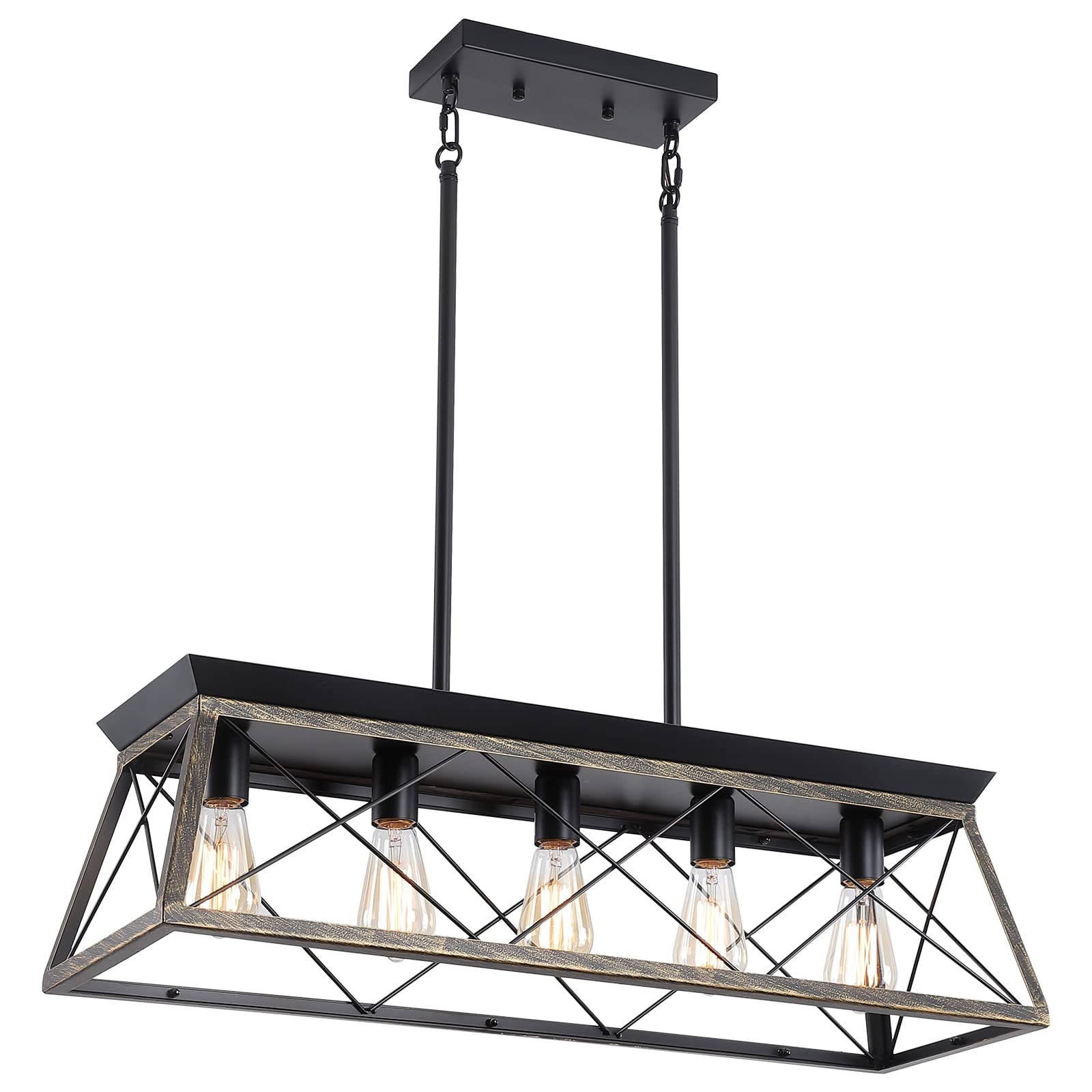 Farmhouse Chandeliers for Dining Room, Rustic Kitchen Island Light Fixture, 5-Light Linear Pendant Lighting Rectangular Chandelier, Metal Solid Ceiling Lights Black