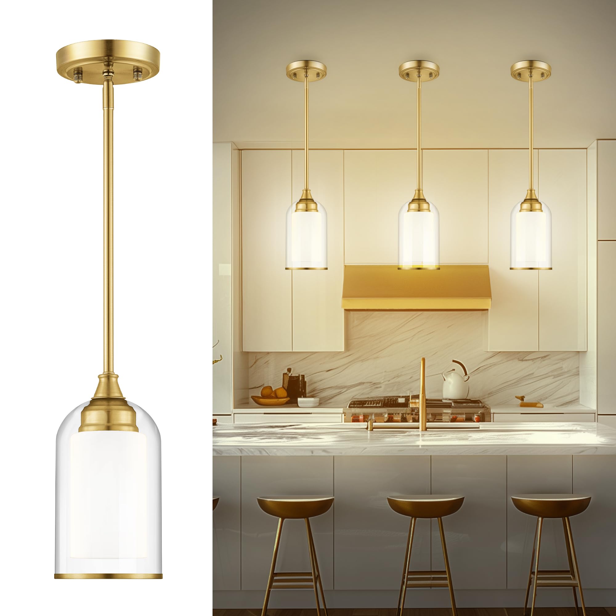 2 Pack Pendant Lights, Vintage Dual Glass Hanging Lamp, Brushed Gold Pendant Lights Kitchen Island with Clear and Milk Glass, Pendant Lighting for Dining Room PL02BR-2PK