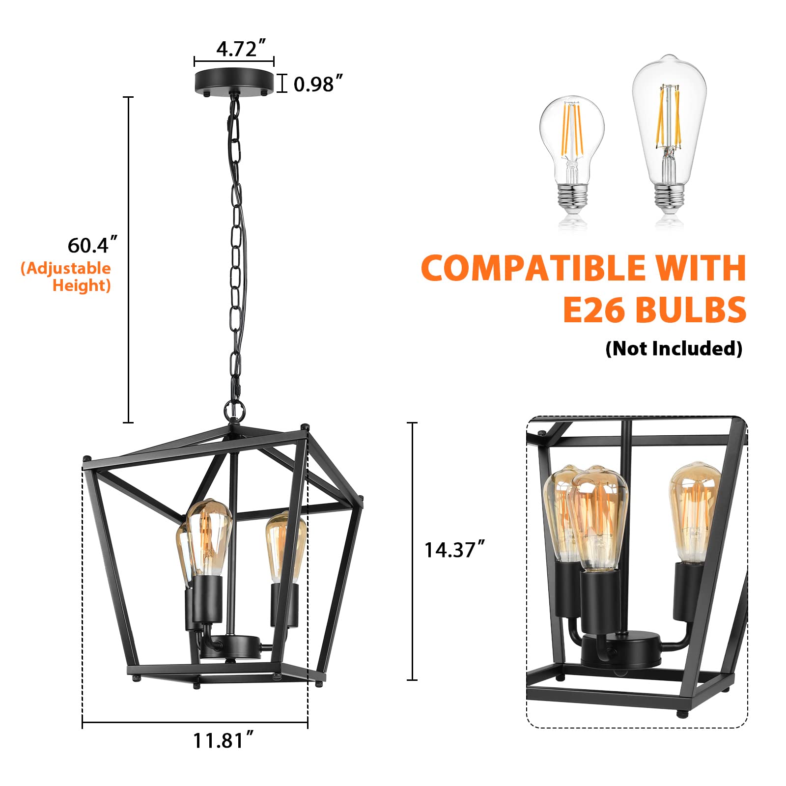 4-Light Black Farmhouse Chandelier, Iron Lantern Pendant Light Rustic Cage Adjustable Height, E26 Base Industrial Hanging Lights for Kitchen Island Dining Room Hallway Foyer Entryway