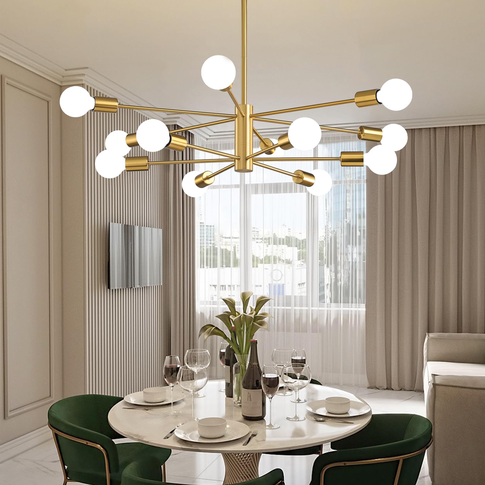 Sputnik Chandelier Modern Gold Chandelier 6-Light E26 Mid Century Ceiling Light Fixture Height Adjustable Hanging Pendant Lighting for Dining Room Kitchen Island Bedroom Office