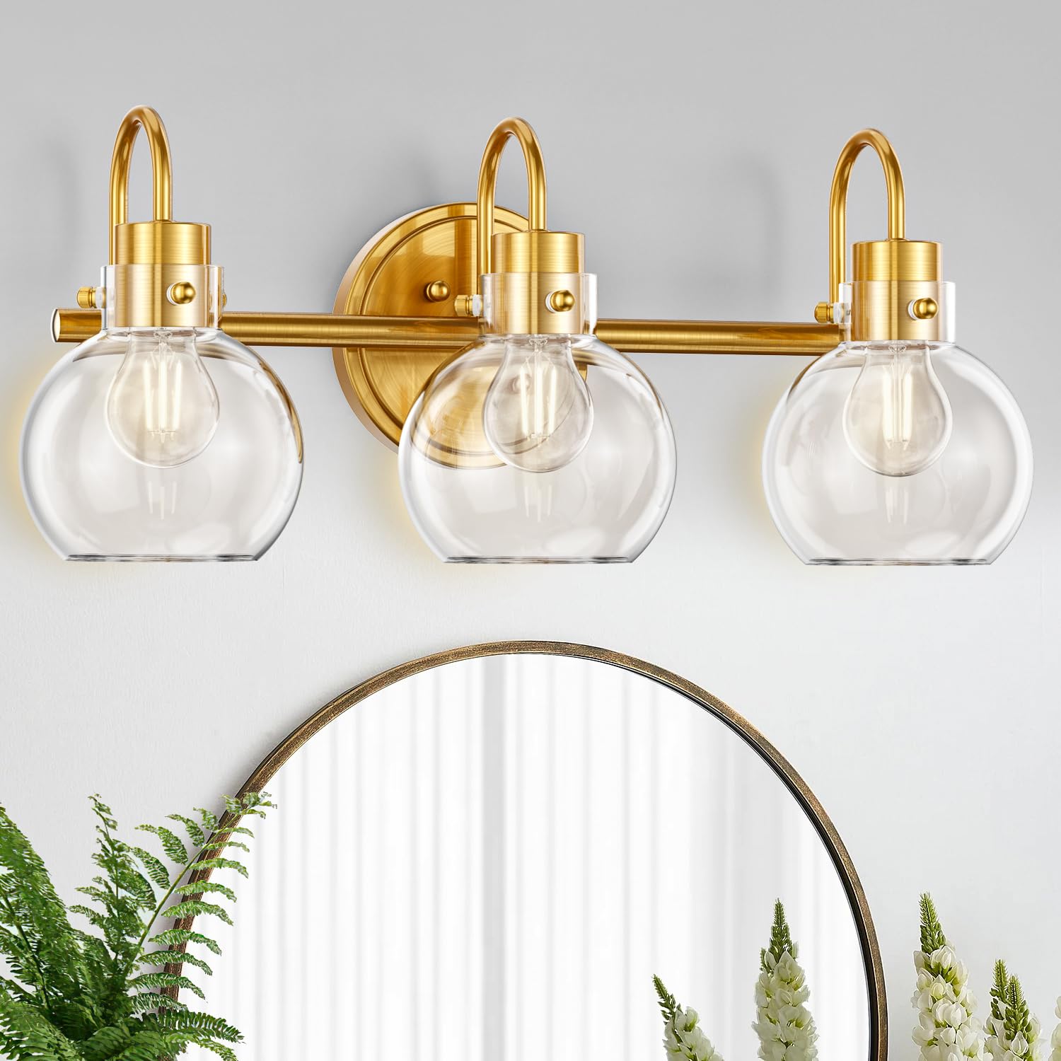 3 Lights Vanity Light, Brushed Nickel Bathroom Light Fixtures, Farmhouse Wall Sconces with Globe Clear Glass Shade, Porch Wall Mount Lamp for Mirror, Kitchen, Porch, Living Room, Workshop (E26 Base)