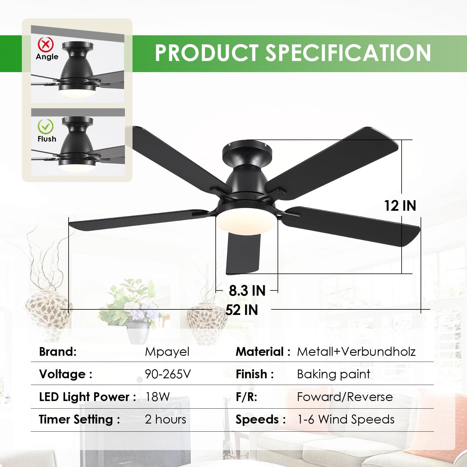 Ceiling Fans with Lights- 46"Low Profile Indoor Ceiling Fan with Light and Remote/APP Control, Flush Mount, LED Dimmable DC Reversible Modern Ceiling Fan for Bedroom（Black）