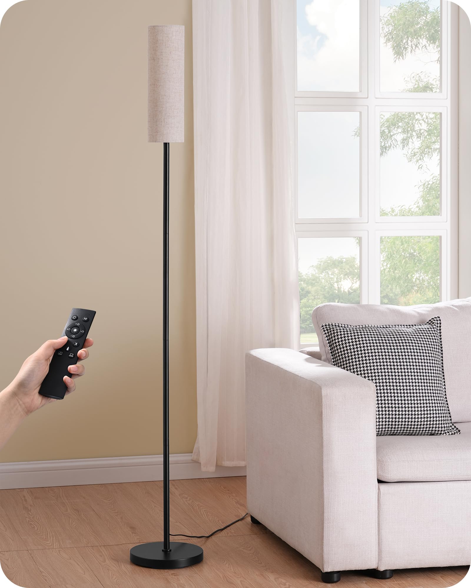 EDISHINE Modern Corner Floor Lamp with Remote, Stepless Dimmable Minimalist Reading Lamp, 65" Tall Pole Lamp for Living Room, Bedroom, Office, 9W LED Bulb Included (Gold)