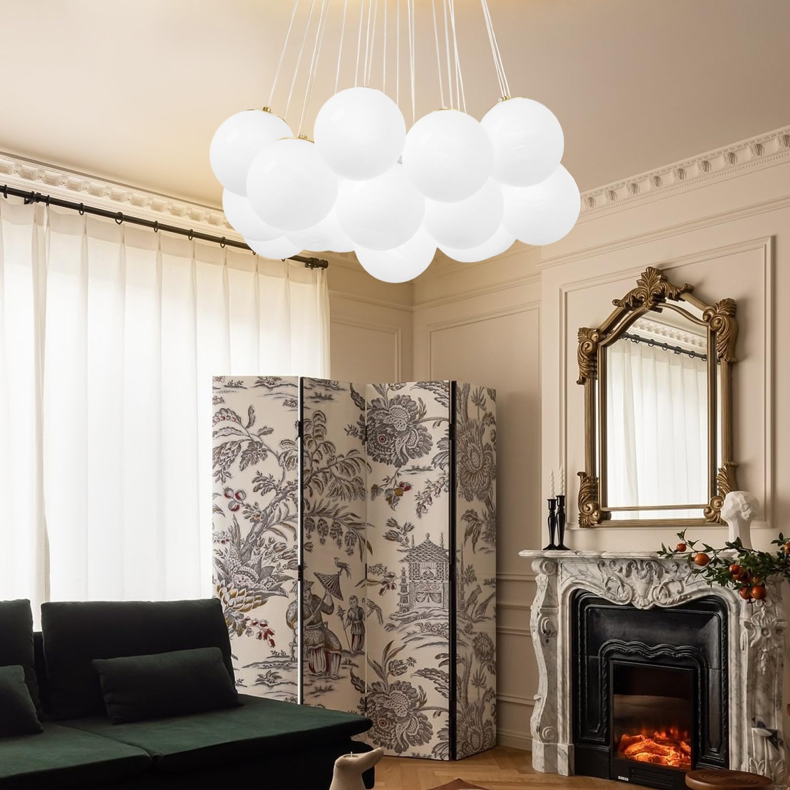 23" Bubble Globe Chandelier, 13-Light Globe Chandelier Light Fixture, Pendant Light Fixture with Milky White Glass Big Balls for Bedroom Dining Room Living Room(G9 Bulbs Included, UL Listed)