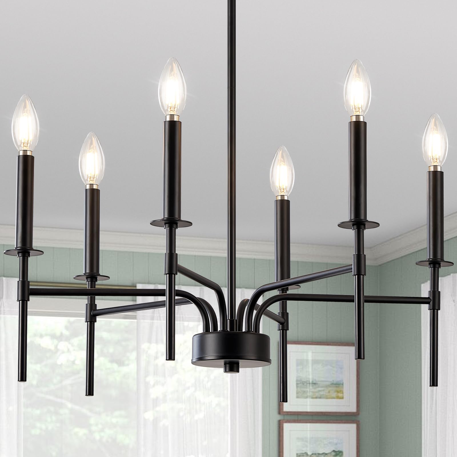 Farmhouse Black Chandelier Light Fixture,6 Light Modern Farmhouse Chandeliers for Dining Room Light Fixture, Metal Candle Chandelier Lighting for Dining Table Living Room Foyer Bedroom Staircase