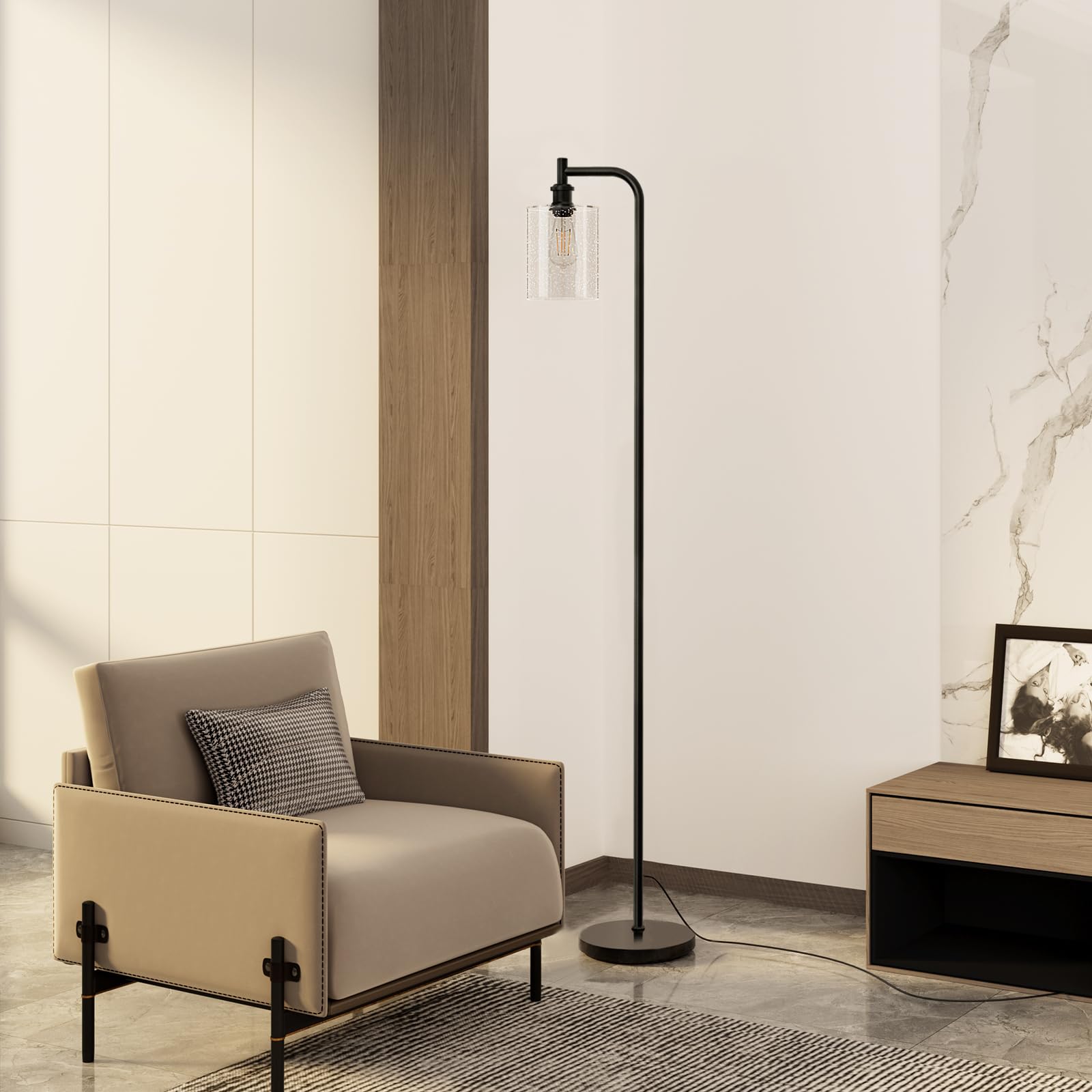 Floor Lamps for Living Room Bright Lighting with Glass lampshade, Modern Bright Floor Lamp with LED Bulbs Industrial Standing lamp for beroom, Tall Pole Lamps Office - Black