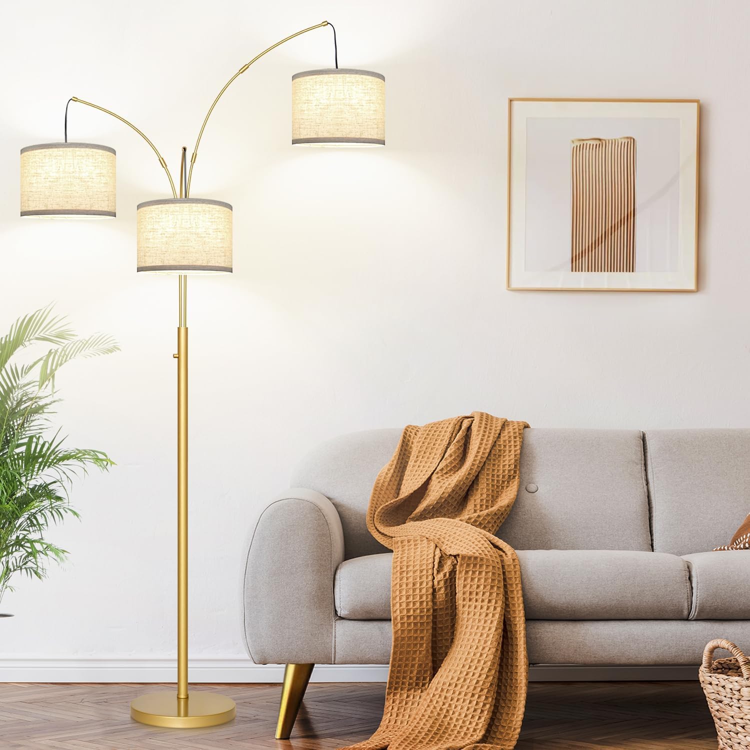 Dimmable Floor Lamp - 3 Lights Arc Floor Lamps for Living Room, 1000LM Modern Tall Standing Lamp with Beige Shades & Heavy Base, Mid Century Tree Floor Lamp for Bedroom Office, 3 LED Bulbs Included