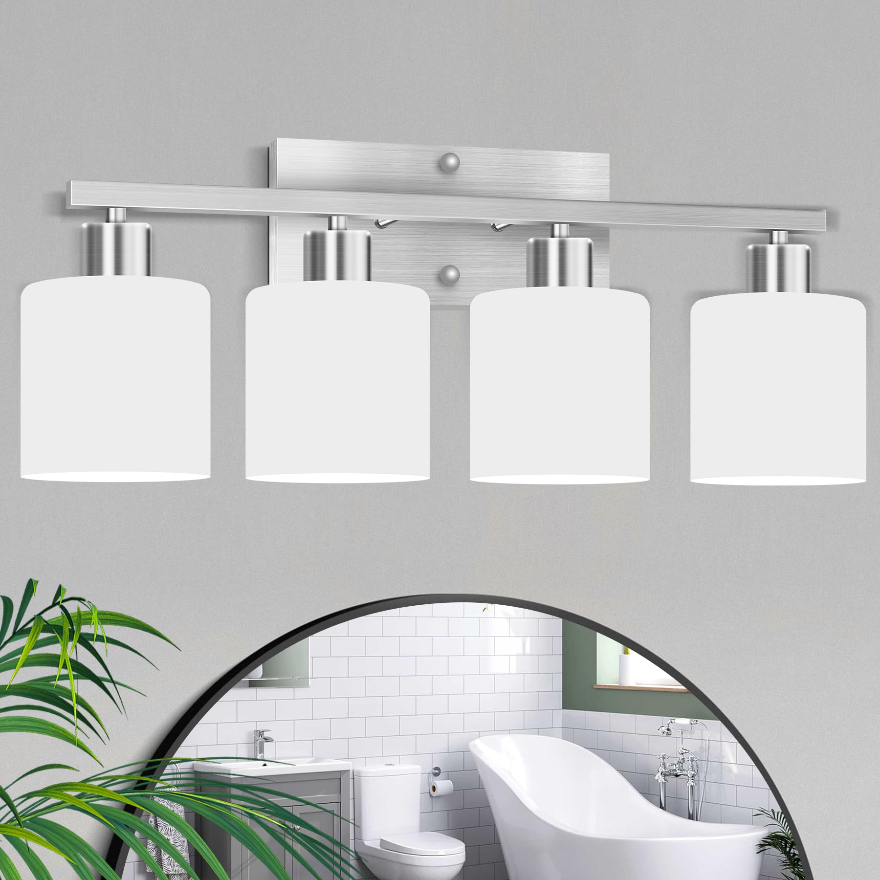 CANMEIJIA 2-Light Bathroom Vanity Light Fixtures Brushed Nickel, Morden Vanity Wall Scones Lighting for Bedroom Living Room, Vanity Lights with Milky White Glass Shades, E26 Socket, Bulbs Not Included