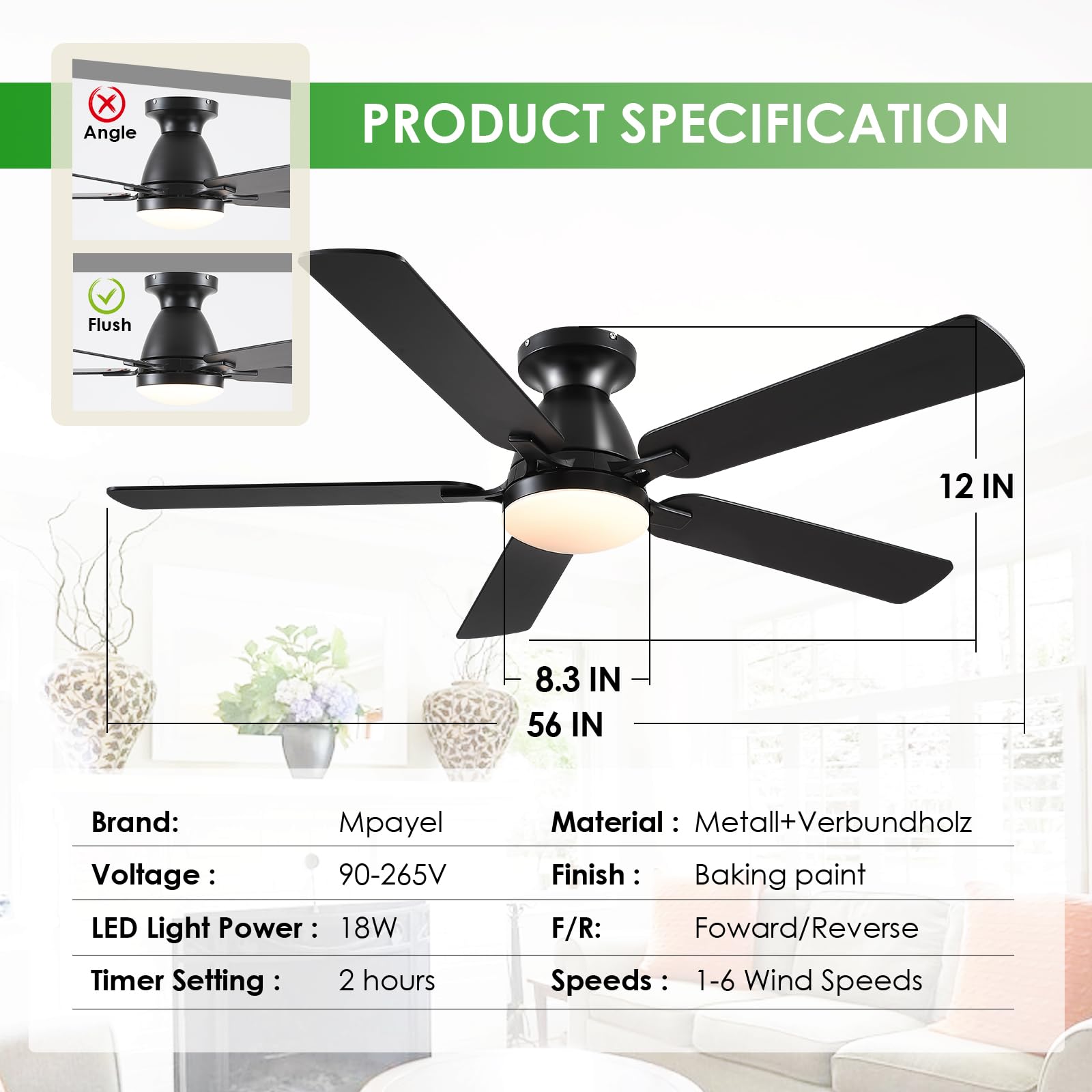 Ceiling Fans with Lights- 46"Low Profile Indoor Ceiling Fan with Light and Remote/APP Control, Flush Mount, LED Dimmable DC Reversible Modern Ceiling Fan for Bedroom（Black）