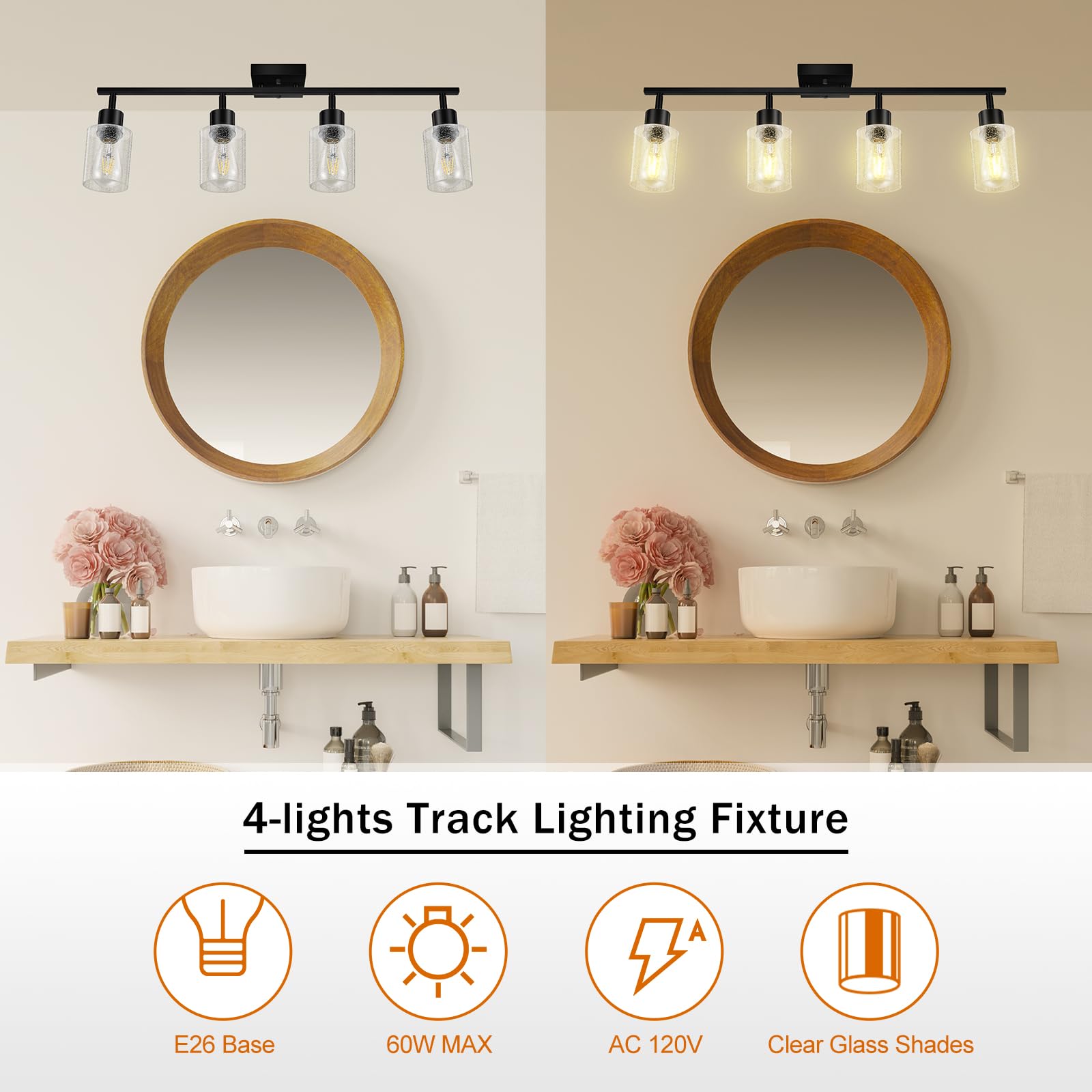 LED 4 Light Track Lighting Kit, 4 Way Ceiling Spot Lighting with Glass Lampshade, Flexibly Rotatable Light Head for Kitchen, Living Room, Bedroom, Bulb Not Included