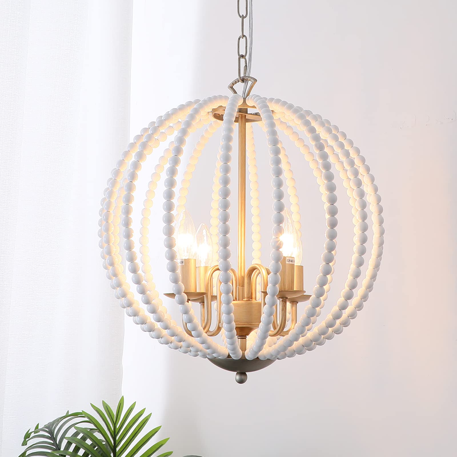 Farmhouse Wood Beaded Chandelier, Boho 4-Lights 16.5" Wood Candle Style Chandelier Light Fixture, Rustic Modern White Wood Bead Chandelier for Dining Room Kitchen Island Hallway Bedroom, E12