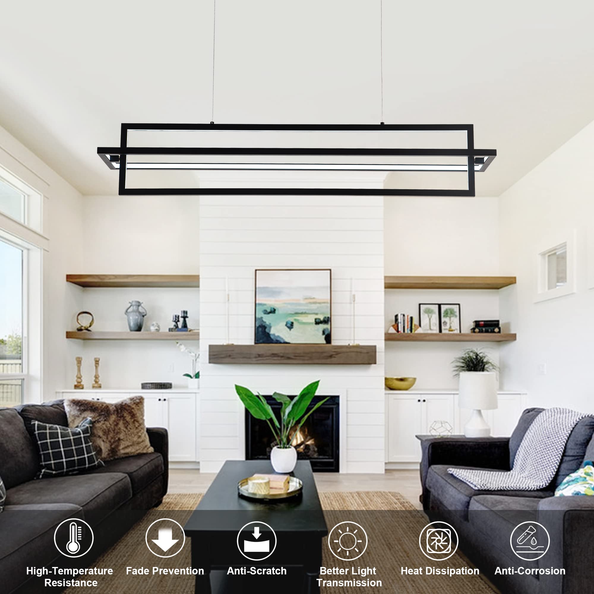 Modern LED Chandelier Linear Rectangle Chandelier Dimmable 35.4” Kitchen Island Lighting, Contemporary Hanging Linear Led Pendant Chandelier Light Fixture for Dining Room Hallway Bar Black