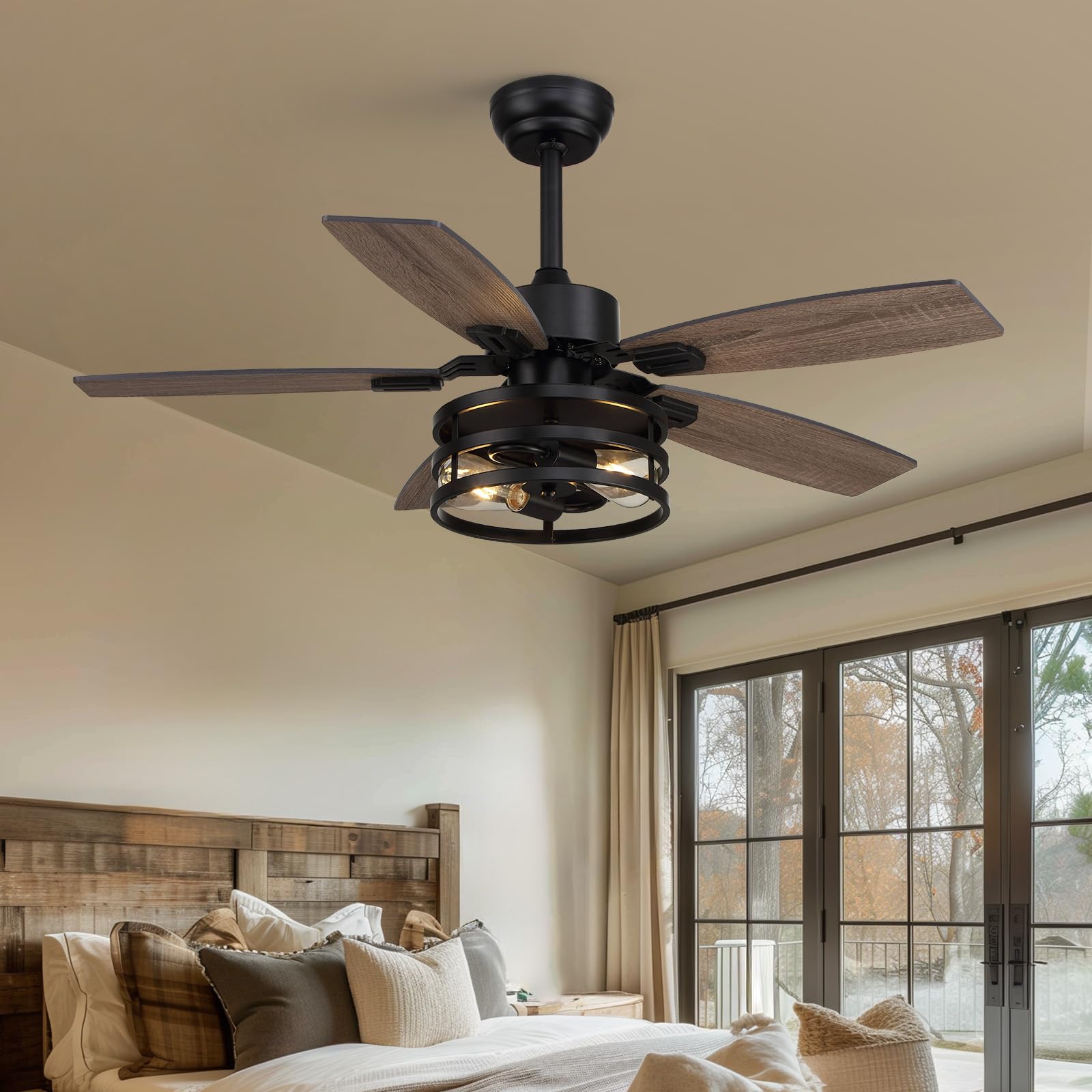 42 Inch Ceiling Fans with Lights and Remote/APP Control, Brown Ceiling Fan for Bedroom Living Room and Patio, Caged Ceiling Fan with 2 E26 LED Lights(Bulbs not Included), Indoor and Outdoor