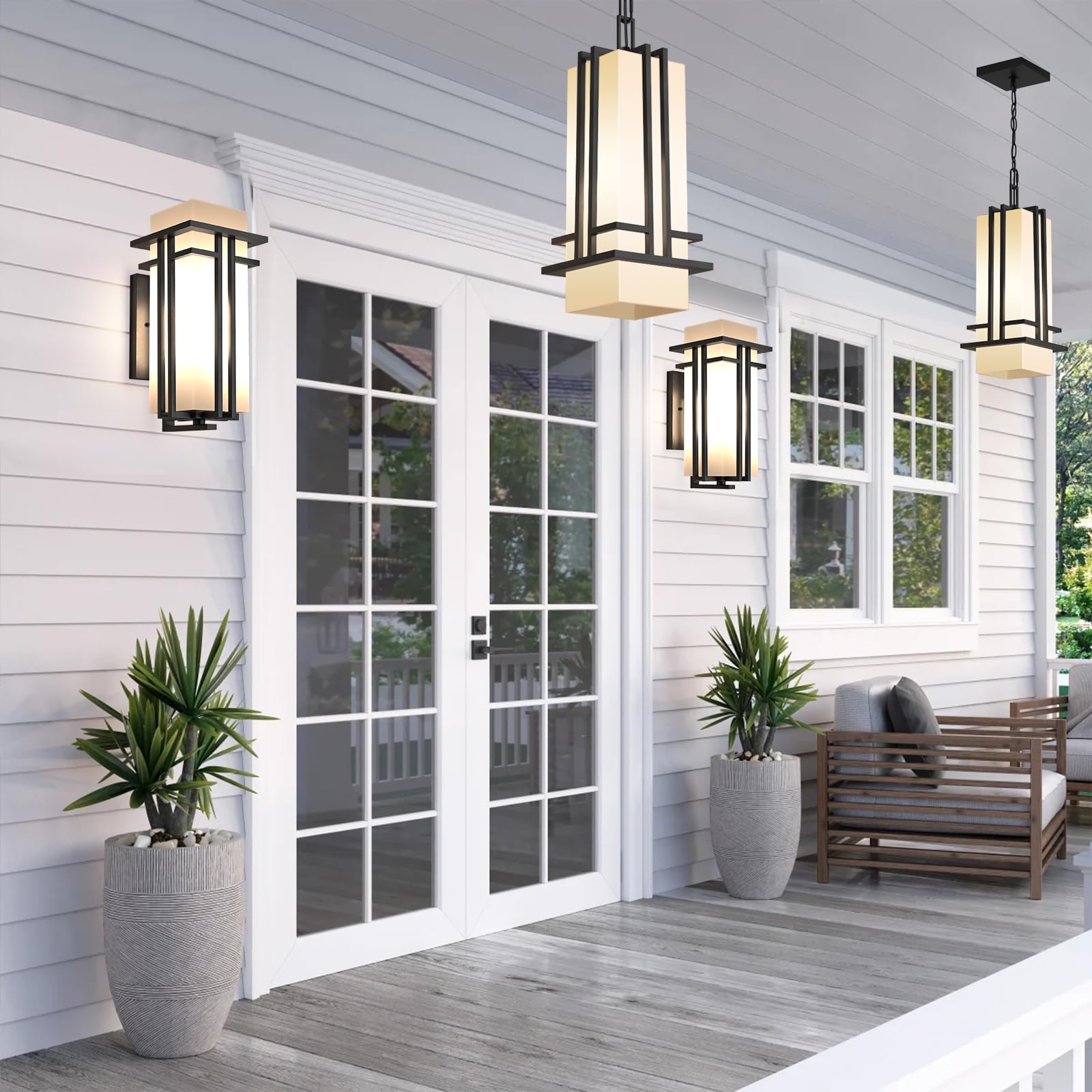 Outdoor Pendant Light Fixture - Aluminum Exterior Hanging Lantern, Outdoor Hanging Light with Black Adjustable Chain Outdoor Pendant Lights for Porch Patio (Max 44.09''H, 1 pc)