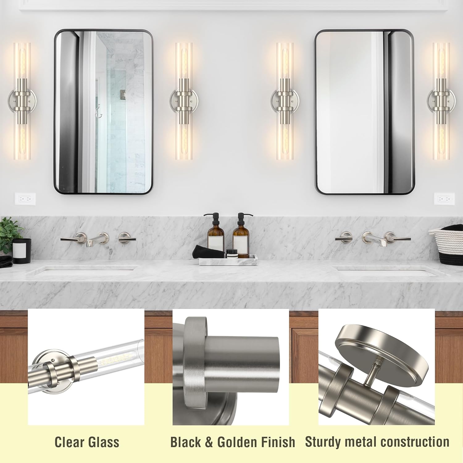 Bathroom Light Fixtures 2-Light Black & Gold, Bathroom Vanity Lights Over Mirror, Wall Sconces, Industrial Bathroom Lighting, Modern Brushed Brass Vanity Lighting Fixtures w/Glass Shades