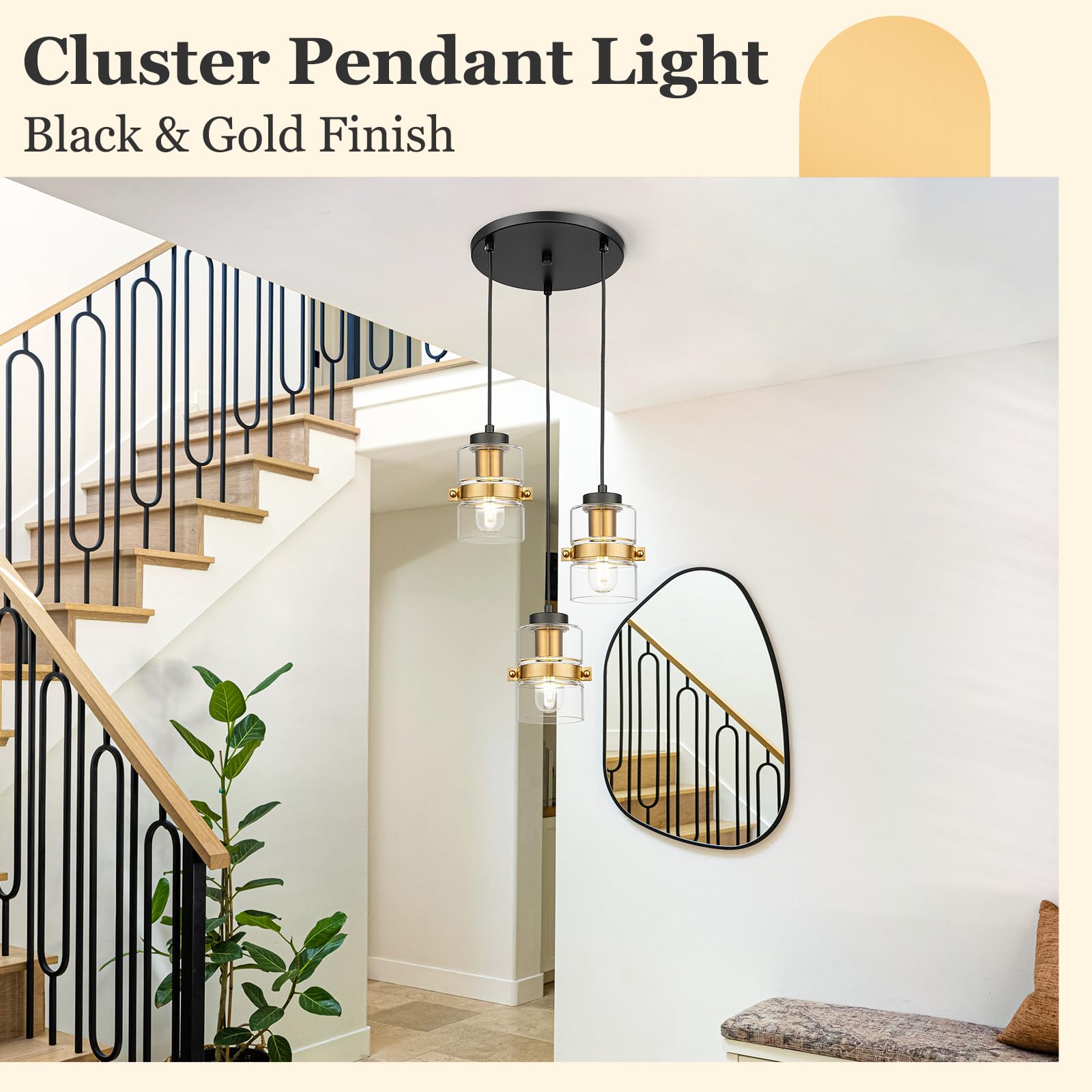 3-Light Cluster Pendant Light, Adjustable Hanging Lighting with Clear Glass, Foyer Chandeliers in Black and Gold Finish, YE282-3 BK+BG