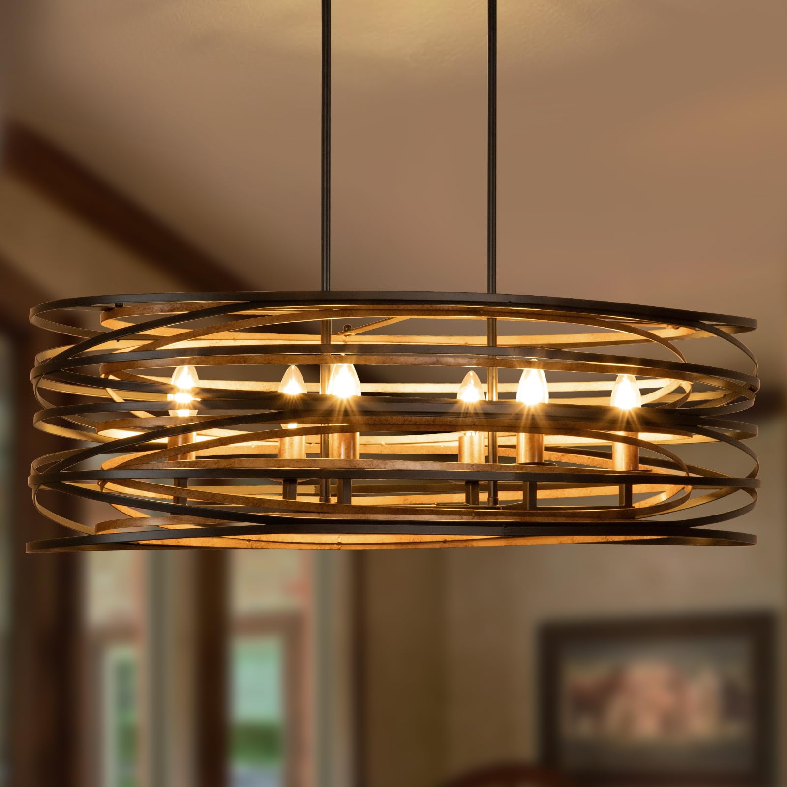 Farmhouse Oval Chandeliers for Kitchen: 6-Light Rustic Metal Cage Chandelier Light Fixtures for Dining Room - 31.5" Industrial Oval Large Hanging Ceiling Pendant Light for Living Room E12 Base