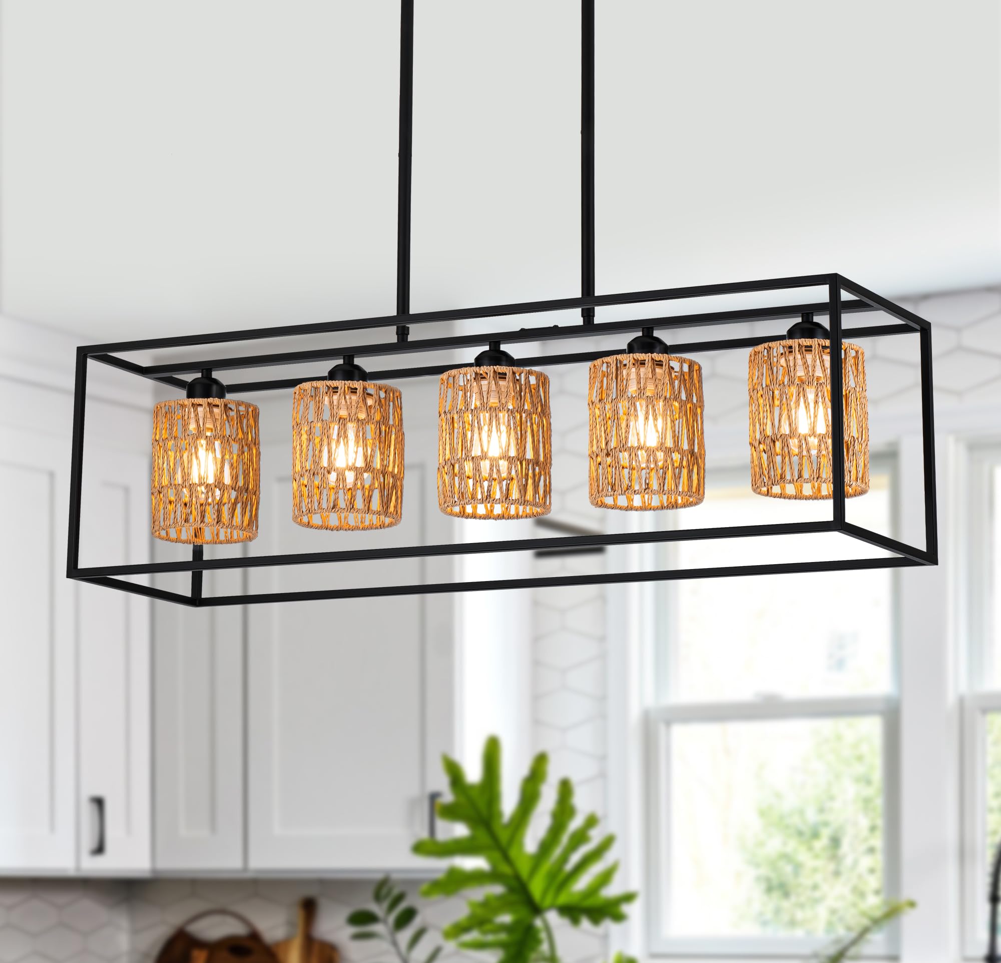 Rattan Kitchen Island Light Fixture, 5 Lights Boho Rectangle Pendant Lights for Dining Room, Farmhouse Chandeliers Over Table, Modern Ceiling Hanging Kitchen Light Fixtures, Height Adjustable