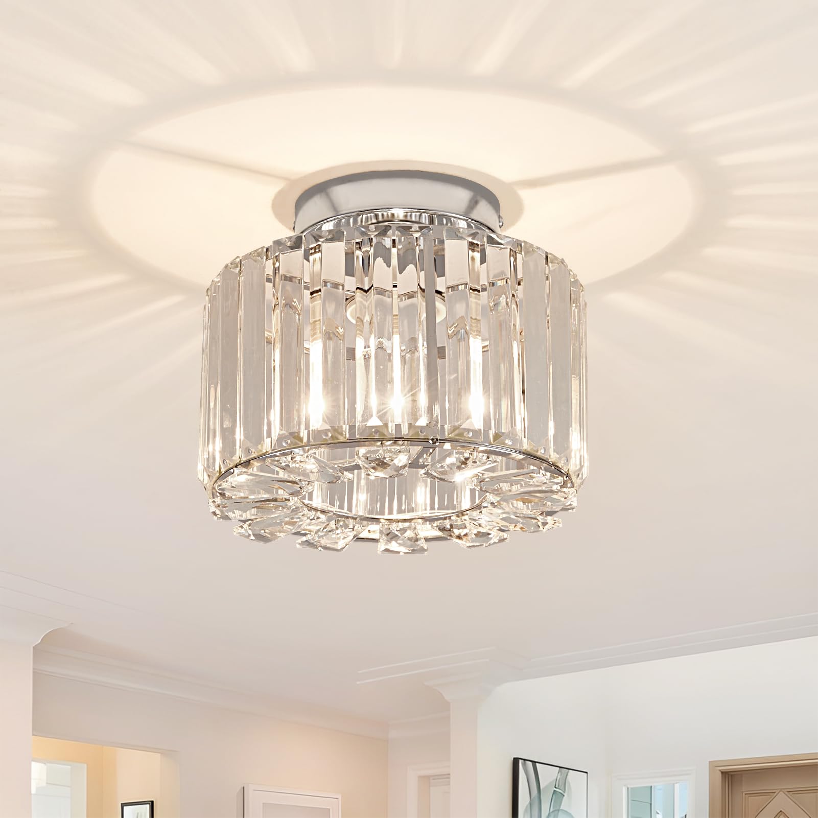 Elegant Gold Crystal Chandelier - Modern Semi Flush Mount Ceiling Light Fixtures for Hallway, Kitchen, Bedroom, Living Room, and More