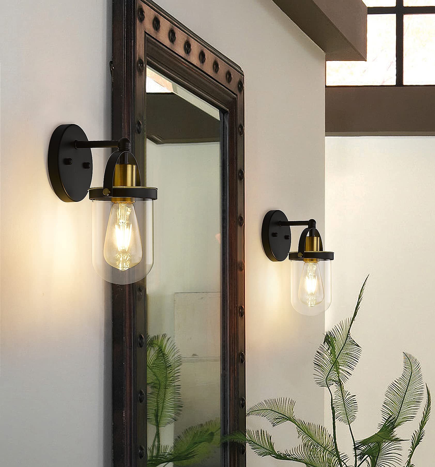 Black and Gold Wall Sconces Set of Two, Bathroom Sconce Wall Lighting Set of 2,Modern Glass Bathroom Wall Light, Wall Mounted Light for Bedroom Living Room Hallway