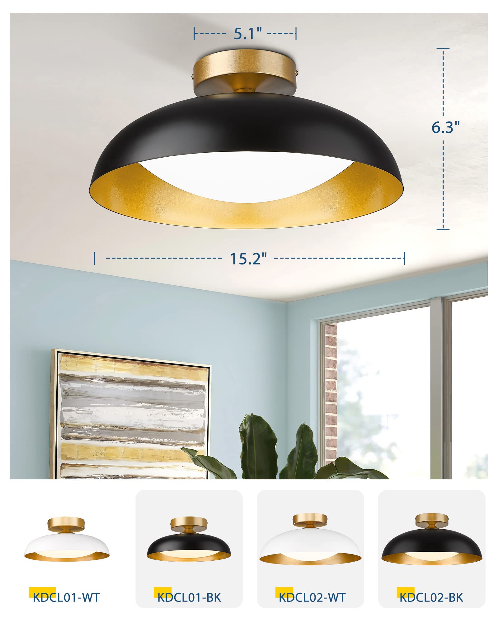 Gold Ceiling Light, 12 Inch LED Semi Flush Mount Ceiling Light Fixture, 12W/700Lm Ceiling Lights for Kitchen, Bathroom, Hallway, 3000K/4000K/6000K Adjustable, KDCL01-GD