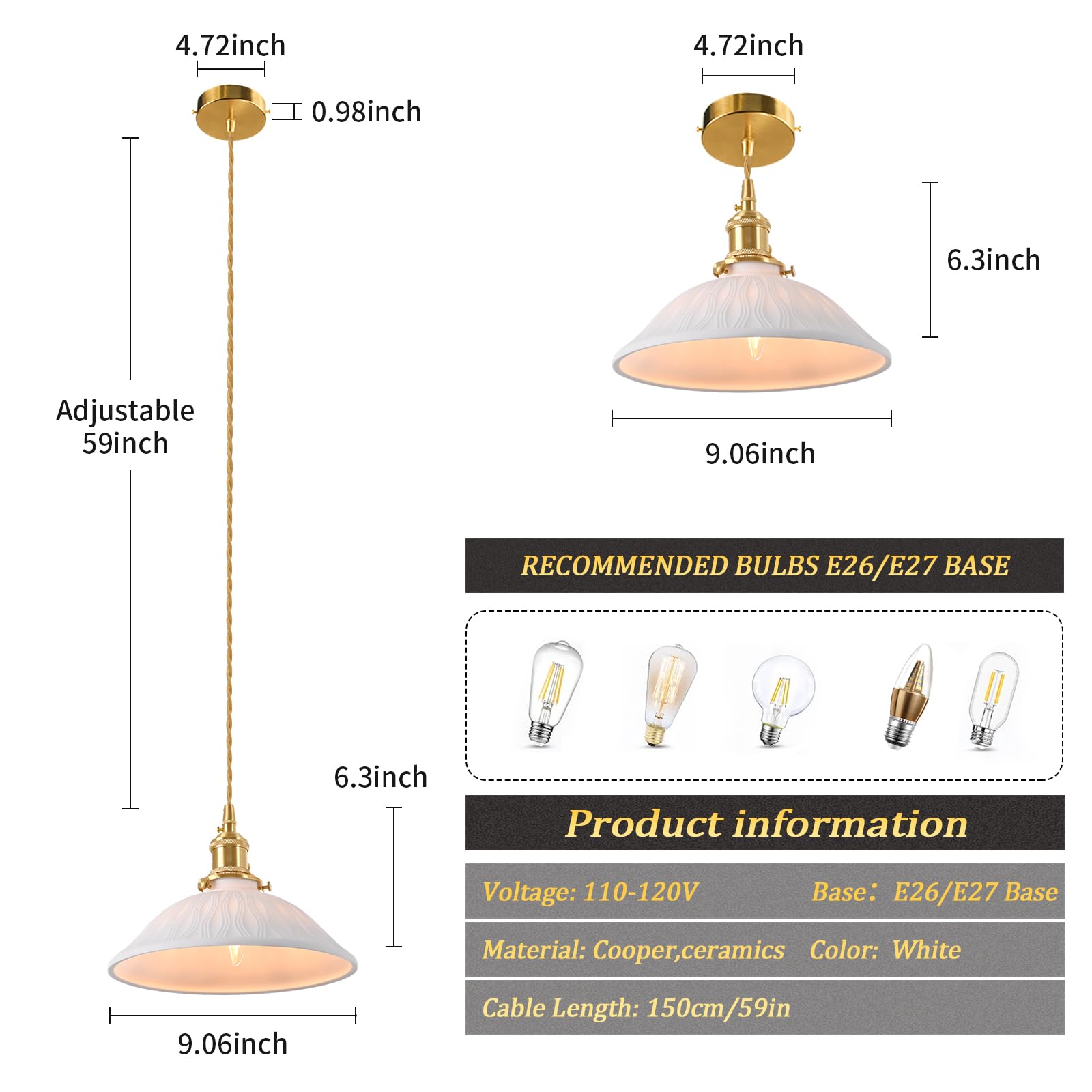 Pendant Light with White Pleated Ceramic Lmapshade, Brass Vintage Pendant Light Adjustable Hanging Light for Kitchen Island Dining Room Hallway 7.87 Inch Diam