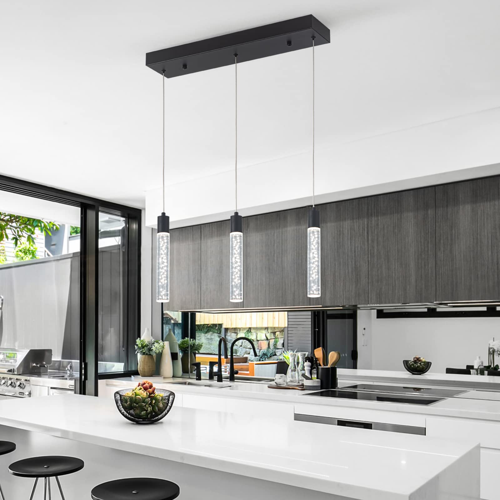 Modern Pendant Lighting 5-Light Linear Chandeliers Dimmable LED Pendant Lights Kitchen Island Lighting with Matte Black Finish and Acrylic Shades for Kitchen Island and Dining Room…