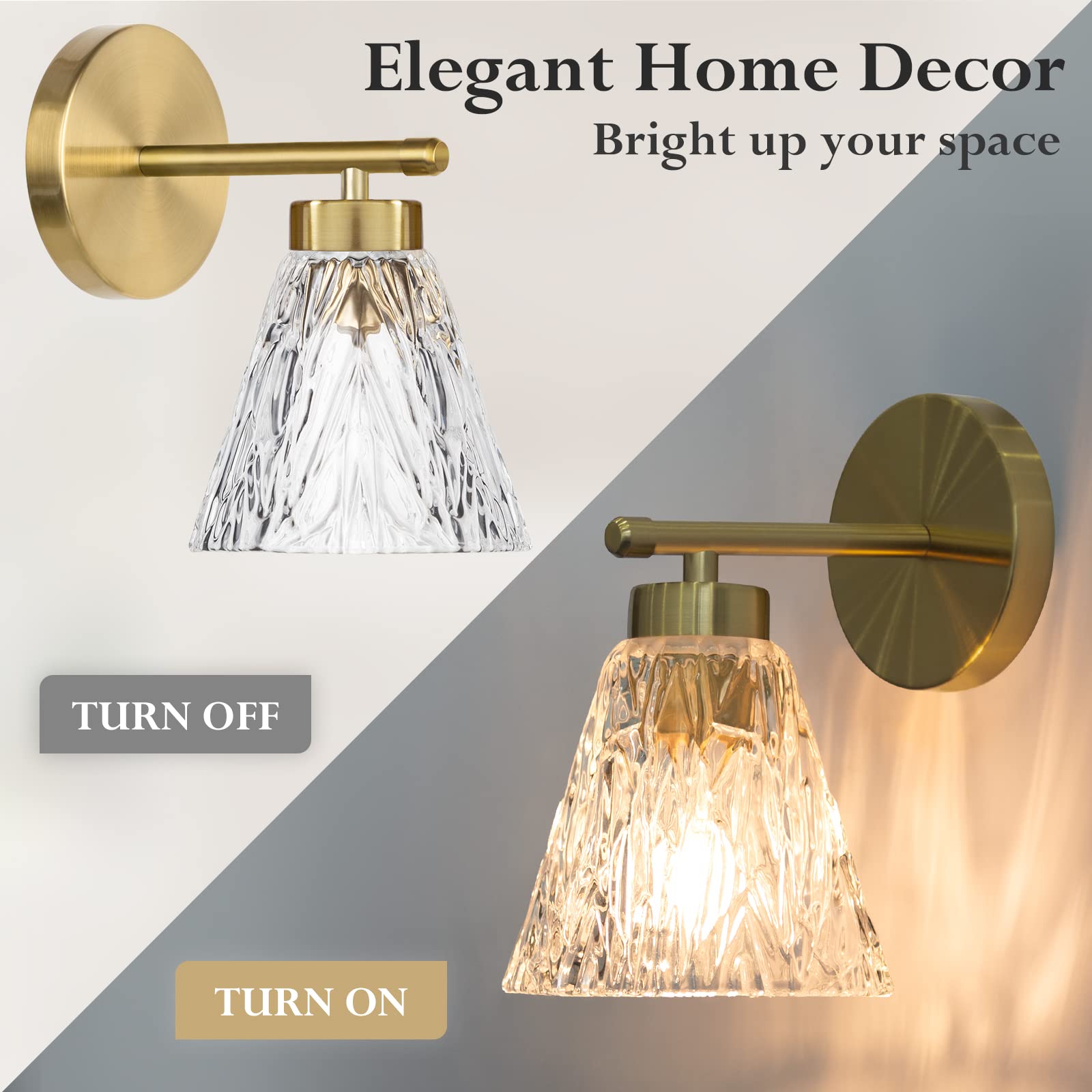 Gold Wall Sconces Set of 2 - Modern Sconces Wall Lighting with Water Rippled Glass Shades, Mid Century Gold Vanity Light Brass Bathroom Light Fixtures Over Mirror for Bedroom Porch Indoor