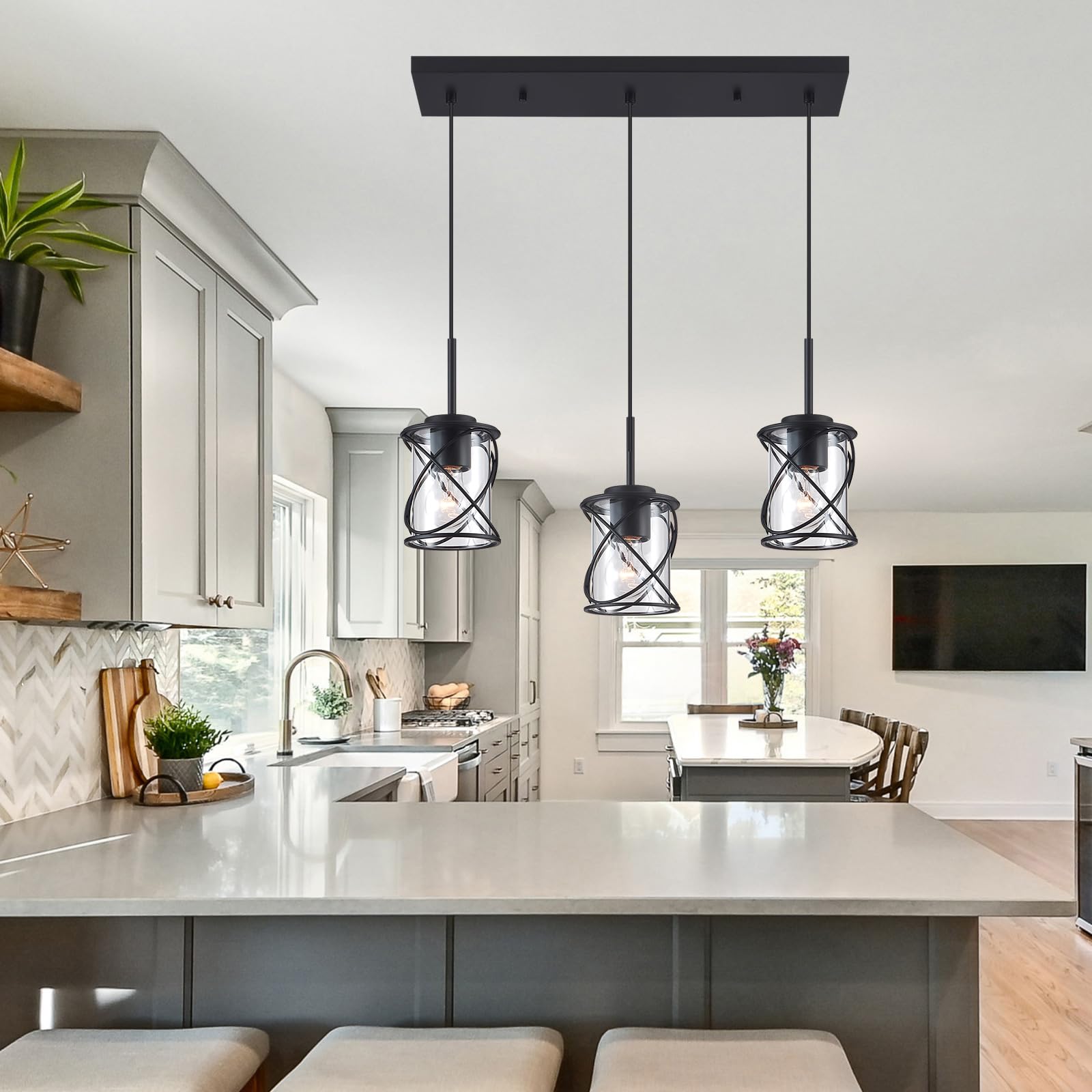 Modern Kitchen Island Pendant Lighting Adjustable Hanging Ceiling Lamp, Linear Pendant Light for Kitchen Island, 6-Light Hanging Chandelier Light for Dining Room, Brushed Nickel