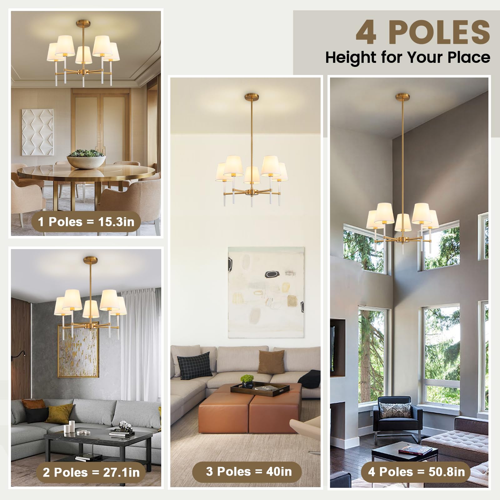 Dining Room Chandeliers Light - 5-Light White and Gold Modern Chandeliers Light Fixtures with White Fabric Shade, Height Adjustable Pendant Island Light for Entryway Farmhouse