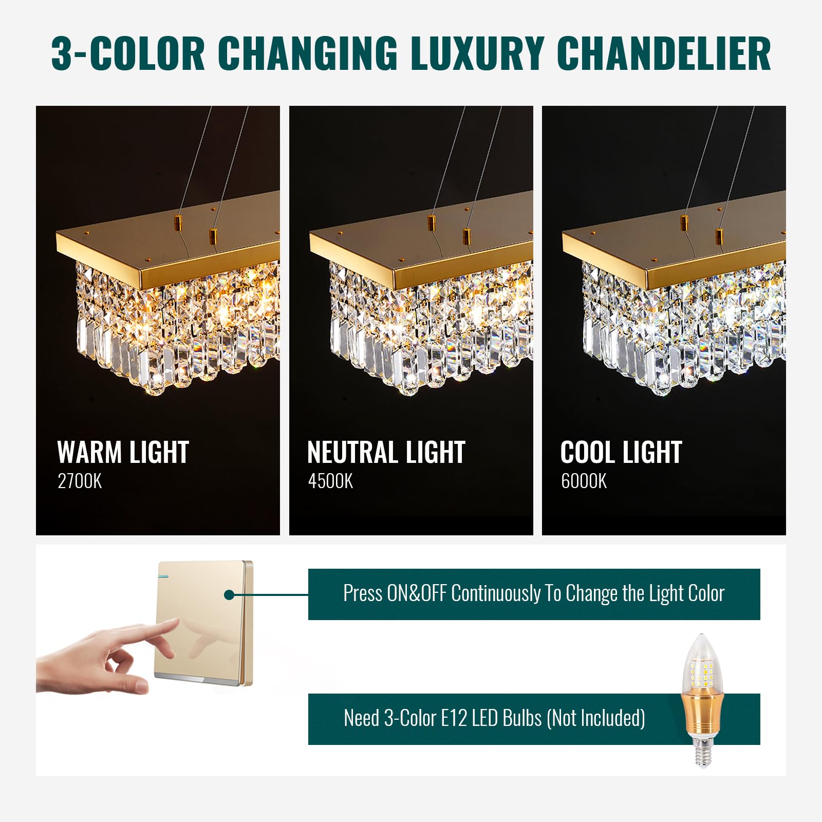 6-Light Modern Crystal Chandelier Rectangular Gold K9 Crystal Raindrop Chandelier for Dining Room, Luxury Adjustable Ceiling Pendant Light for Living Room Kitchen Island L31.5'' x W10'' x H10''