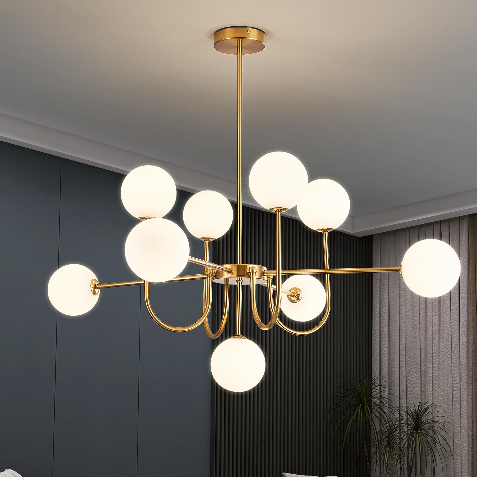 Modern Globe Gold Chandelier - 3.9in Glass Shape Sputnik Ceiling Light Fixture, Mid Century Bubble Dining Room Pendant Light, Hanging Brass Island Light for Kitchen Bedroom Entryway Over Table