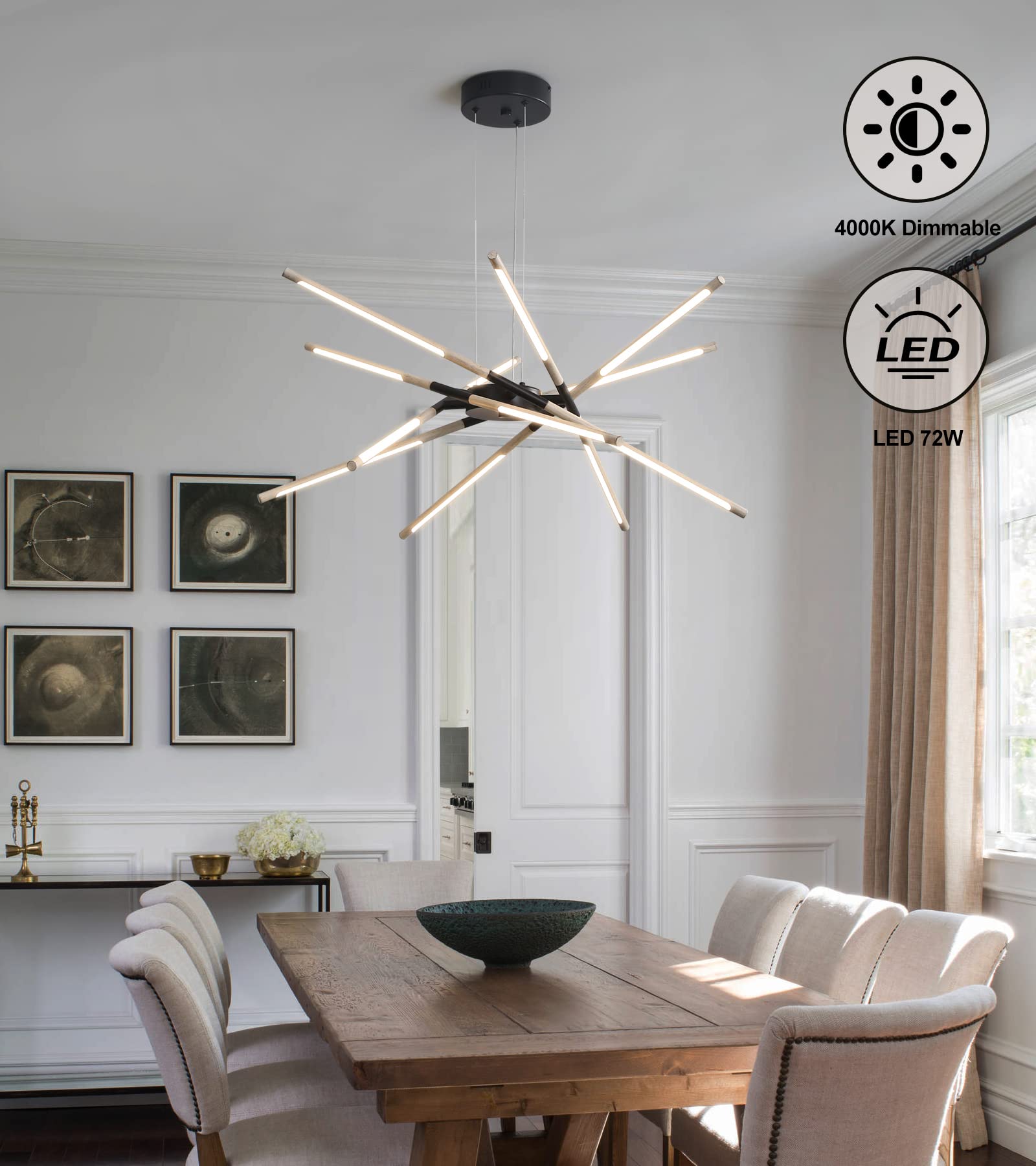 Modern LED Chandeliers for Dining Room,Black and Oak White Farmhouse Sputnik Dimmable Chandelier with Remote for Living Room Kitchen Office Hotel Restaurant Lobby