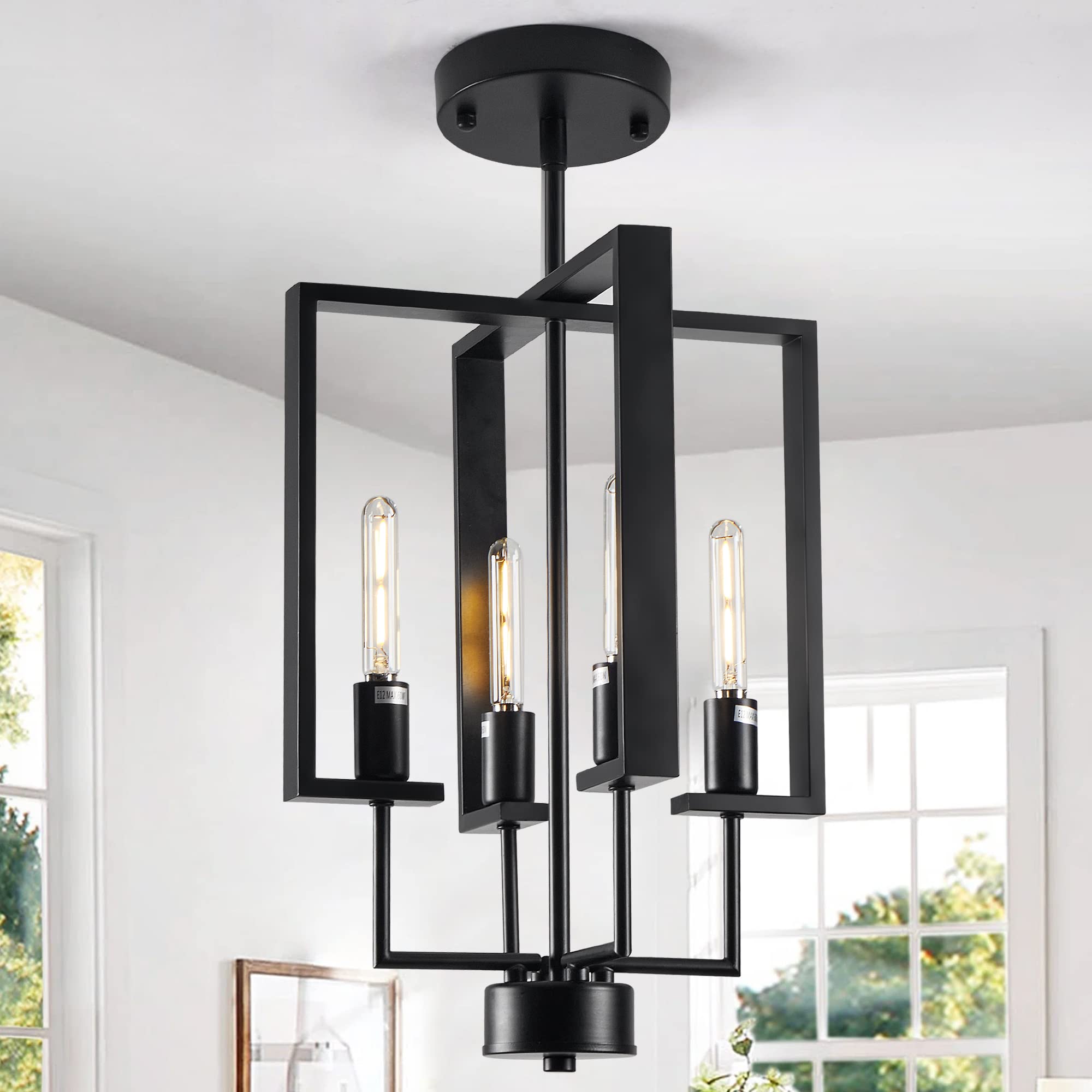 Black Chandelier Light, 4-Light Lantern Foyer Pendant Lighting with Metal Cage, Industrial Ceiling Pendant Lights for Kitchen Island Dining Room Entryway